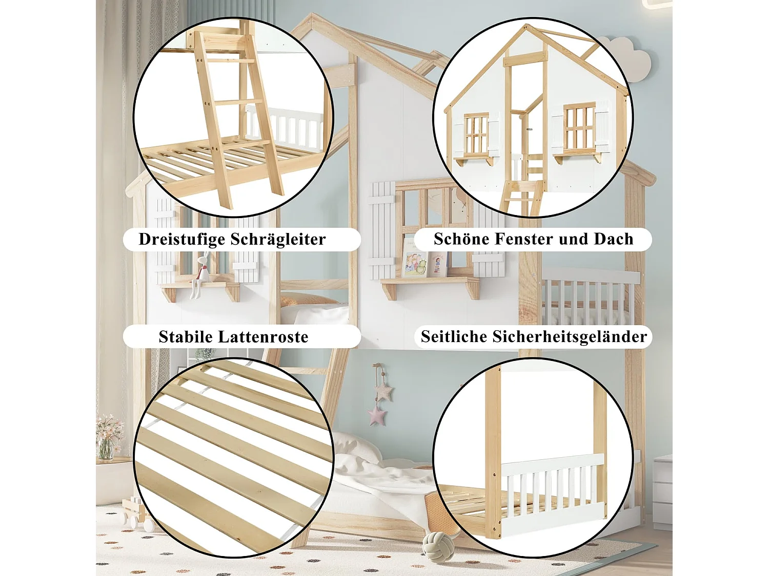 Etagenbett, Kinderbett, Schöne Fenster und Dach, Stabile Lattenroste, Seitliche Sicherheitsgeländer, Kiefer + MDF + Sperrholz, Weiß+Natur