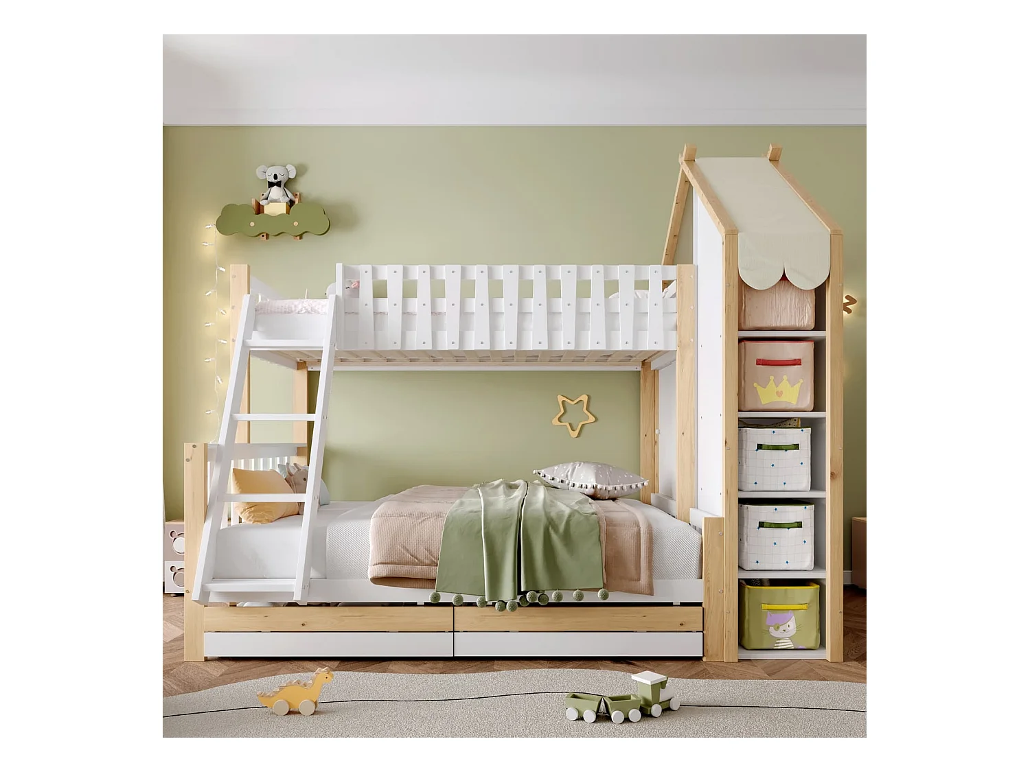 Etagenbett, 90x200cm+140x200cm, Bettgitter, Hausleiste, Leiter, 2 Schubladen, Unregelmäßiger Zaun, Ohne Matratze, Weiß+ Natur