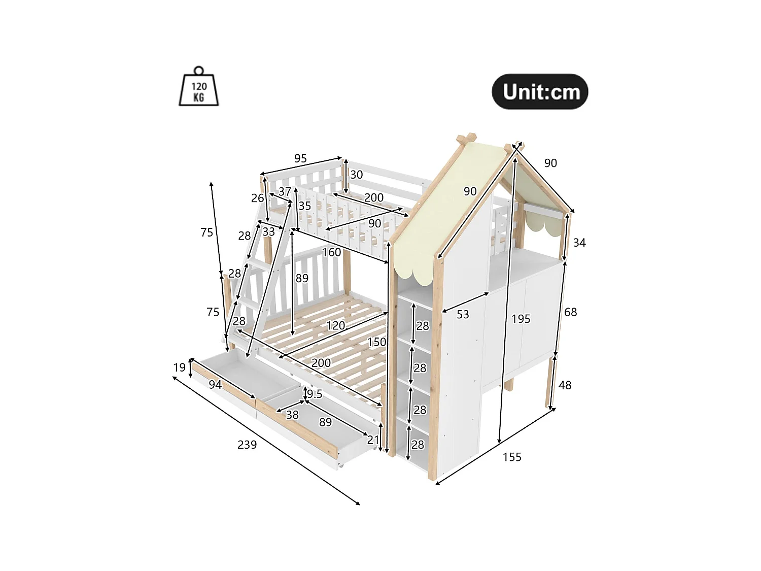 Etagenbett, 90x200cm+140x200cm, Bettgitter, Hausleiste, Leiter, 2 Schubladen, Unregelmäßiger Zaun, Ohne Matratze, Weiß+ Natur