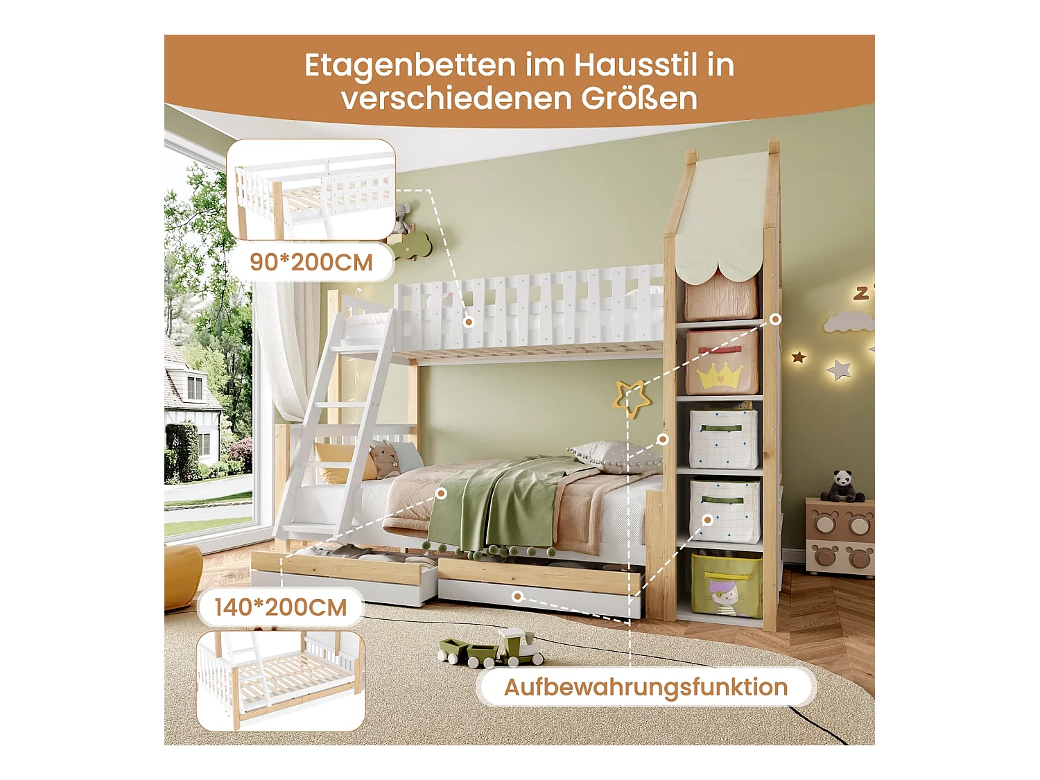 Etagenbett, 90x200cm+140x200cm, Bettgitter, Hausleiste, Leiter, 2 Schubladen, Unregelmäßiger Zaun, Ohne Matratze, Weiß+ Natur