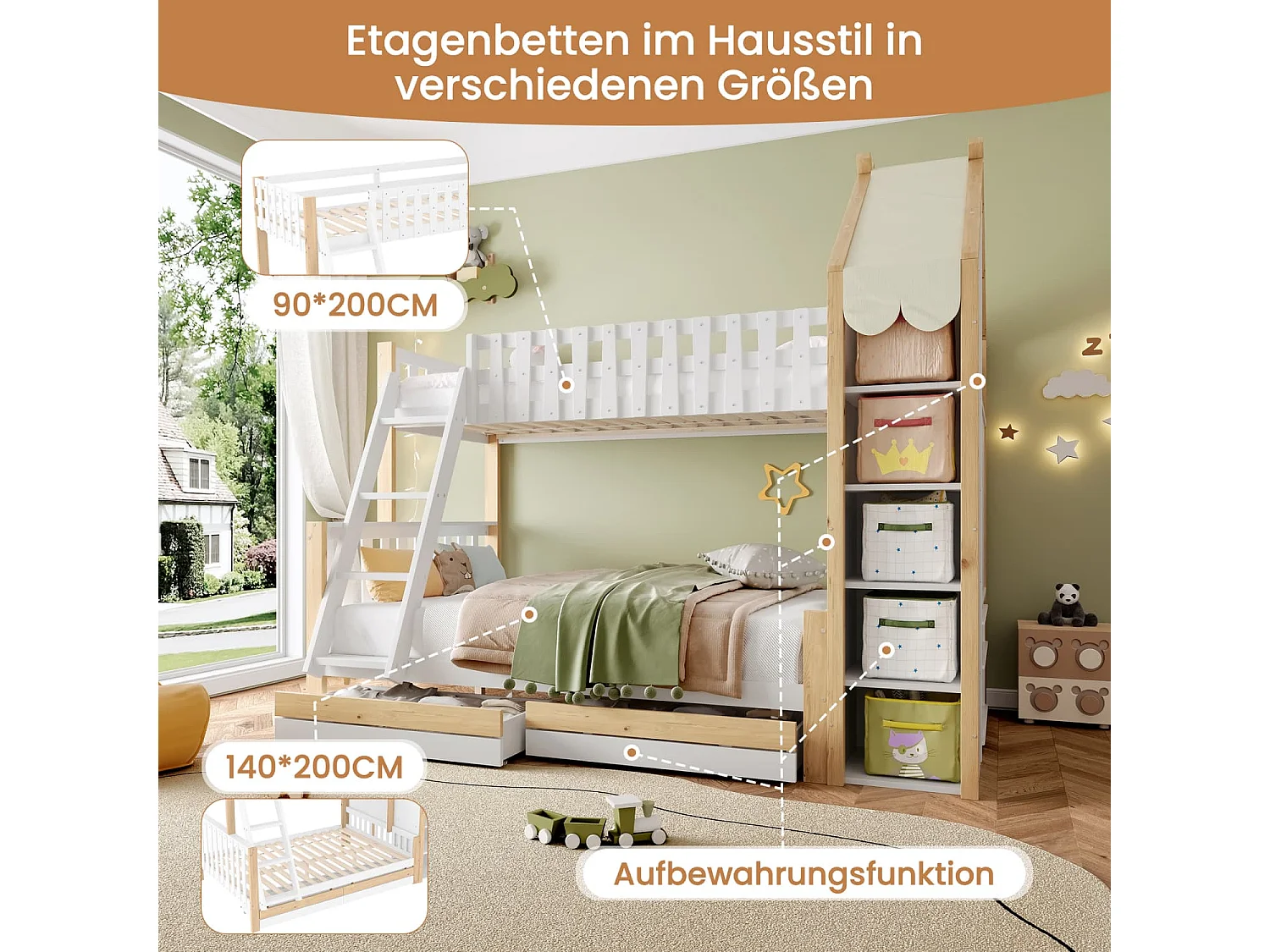 Etagenbett, 90x200cm+140x200cm, Bettgitter, Hausleiste, Leiter, 2 Schubladen, Unregelmäßiger Zaun, Ohne Matratze, Weiß+ Natur