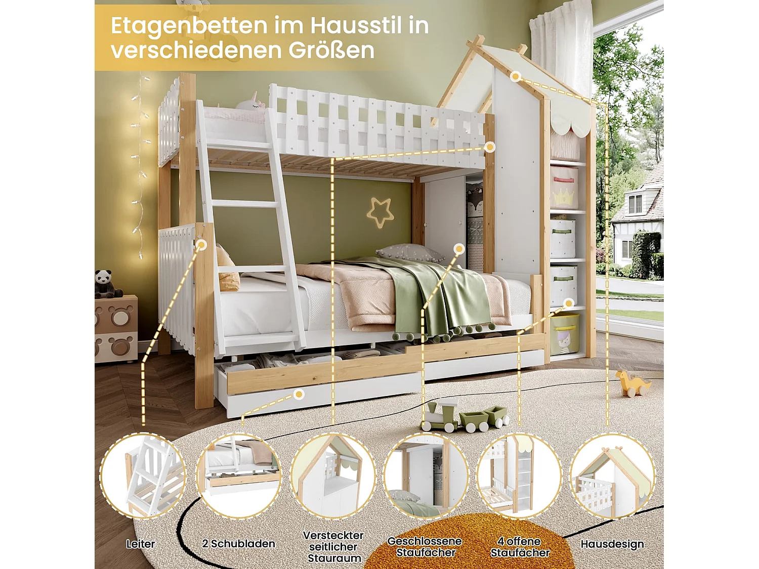 Etagenbett, 90x200cm+140x200cm, Bettgitter, Hausleiste, Leiter, 2 Schubladen, Unregelmäßiger Zaun, Ohne Matratze, Weiß+ Natur