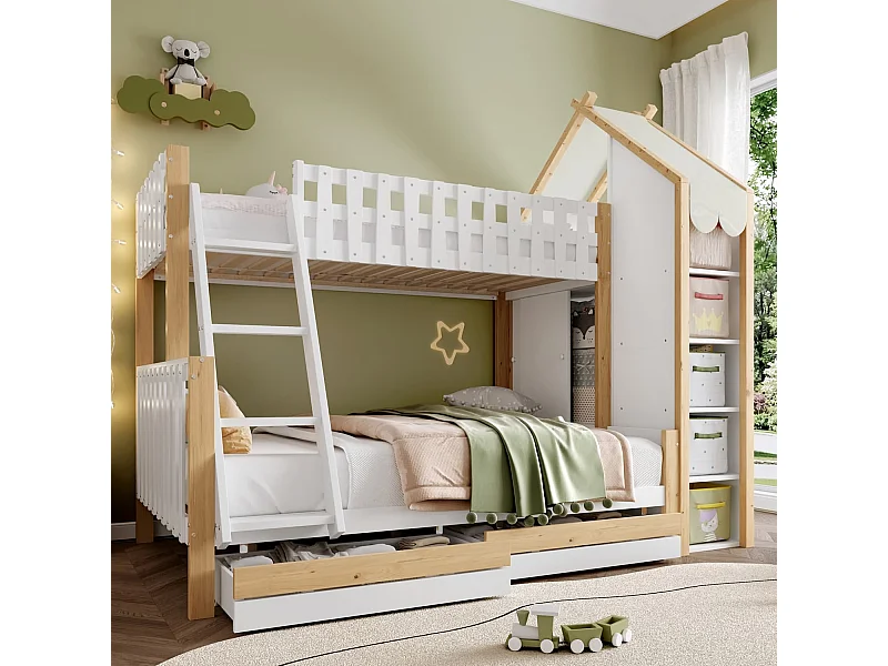 Etagenbett, 90x200cm+140x200cm, Bettgitter, Hausleiste, Leiter, 2 Schubladen, Unregelmäßiger Zaun, Ohne Matratze, Weiß+ Natur