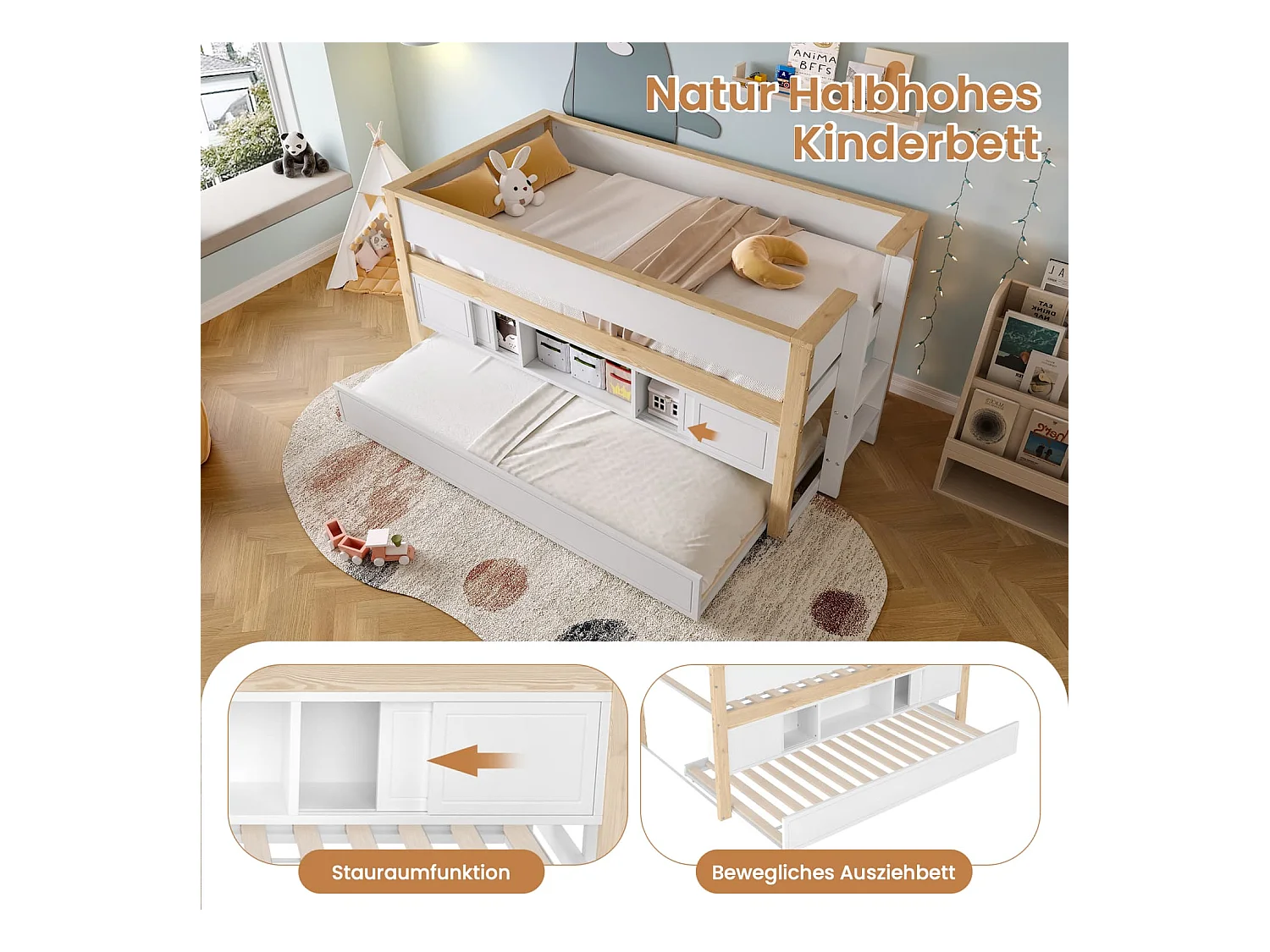 Halbhohes Bett, 90x200cm, Bett mit ausziehbarem Bett,Kinderbett, Etagenbett, Mehrere Ablagefächer, ohne Matratze, Weiß + Natur