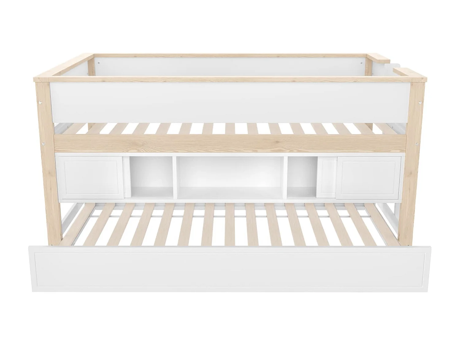Halbhohes Bett, 90x200cm, Bett mit ausziehbarem Bett,Kinderbett, Etagenbett, Mehrere Ablagefächer, ohne Matratze, Weiß + Natur