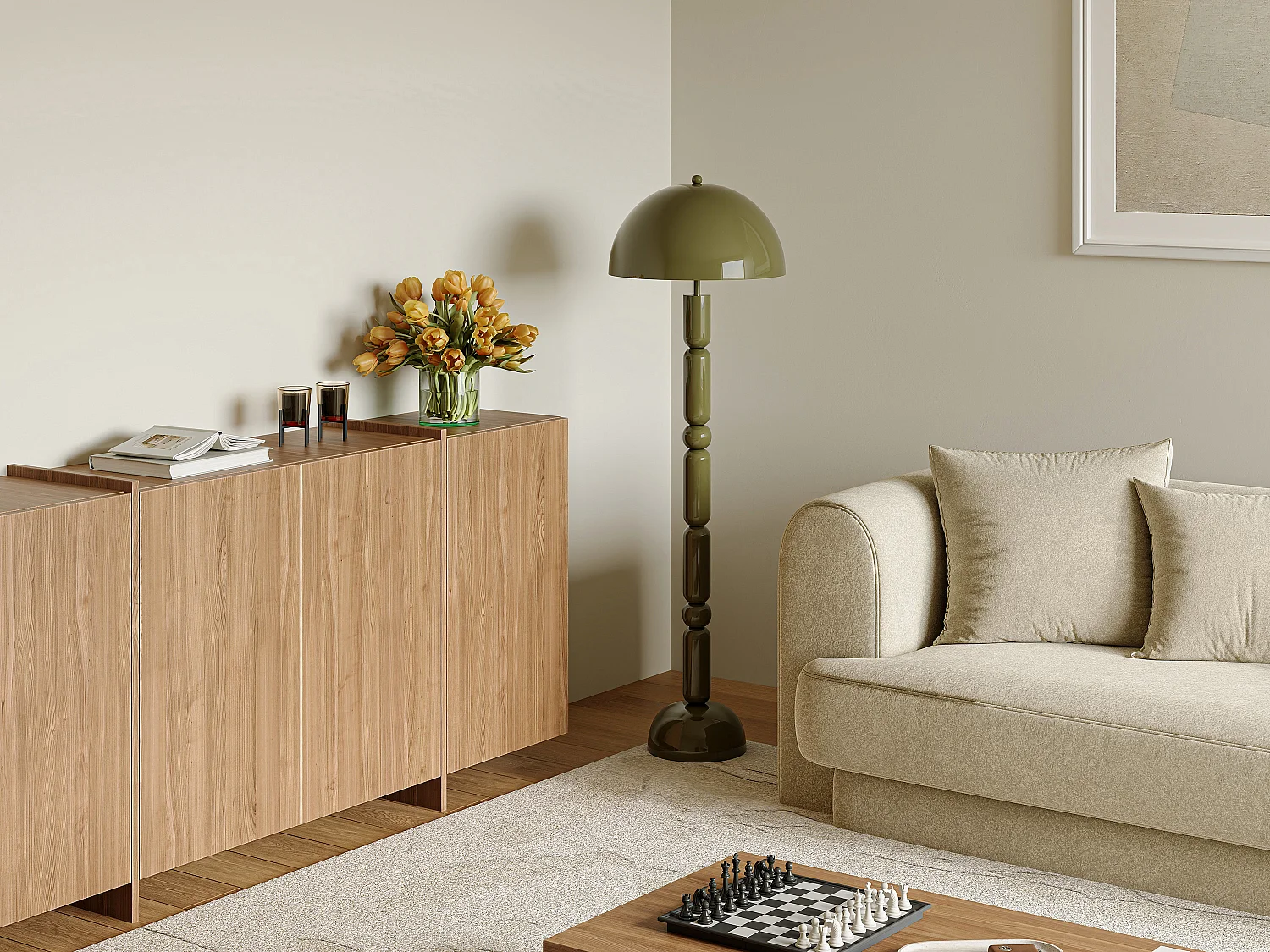 Lampadaire champignon en métal - D. 45 x H. 147 cm - Kaki brillant - ELDON