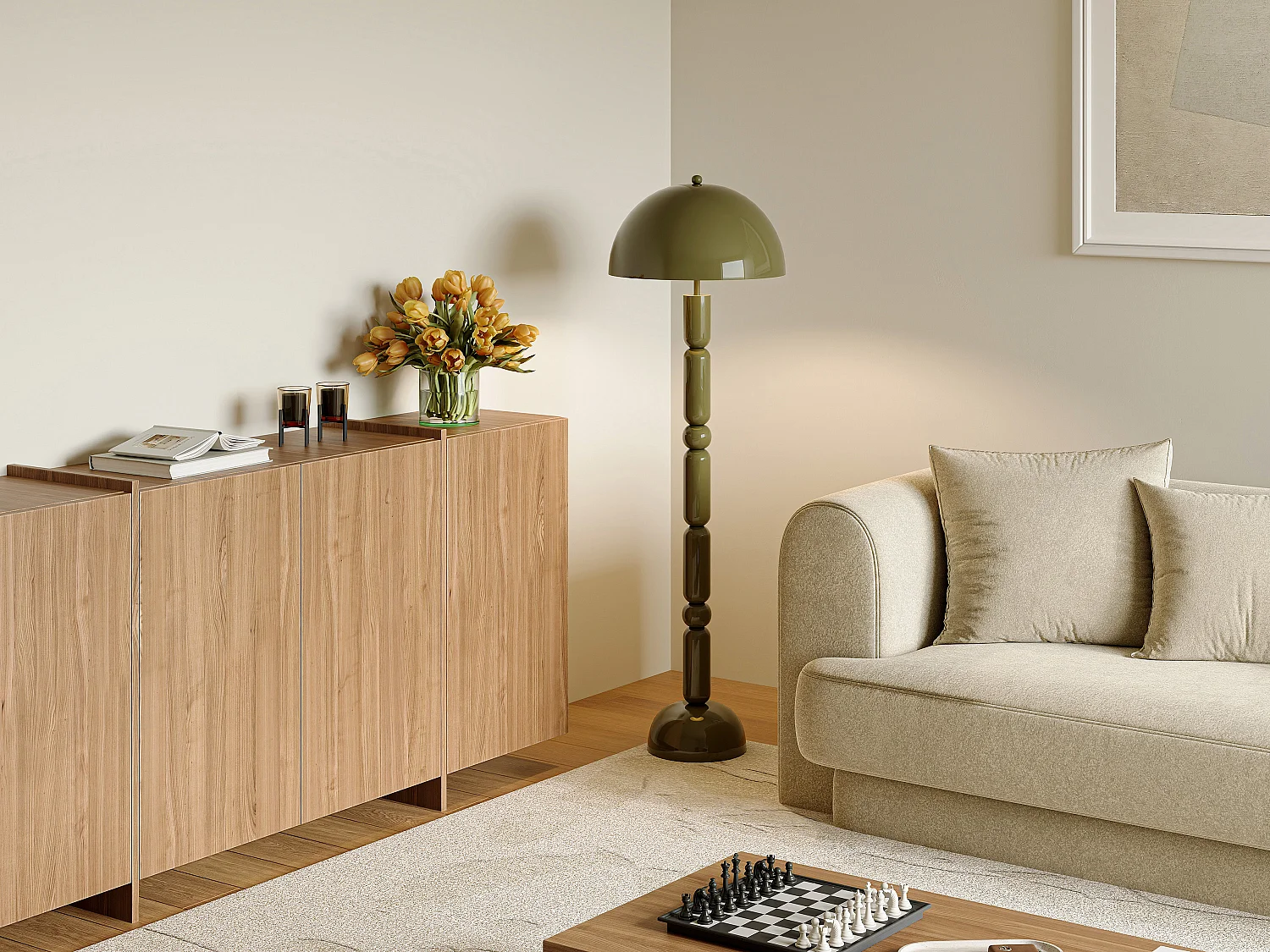 Lampadaire champignon en métal - D. 45 x H. 147 cm - Kaki brillant - ELDON