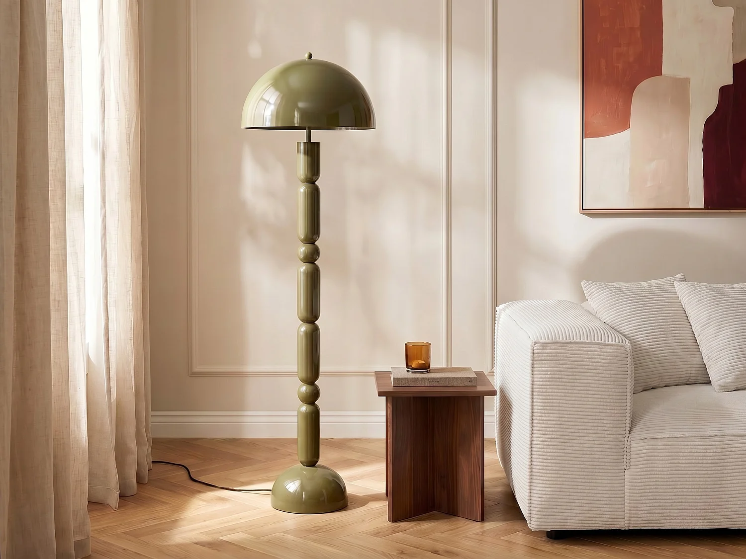 Lampadaire champignon en métal - D. 45 x H. 147 cm - Kaki brillant - ELDON