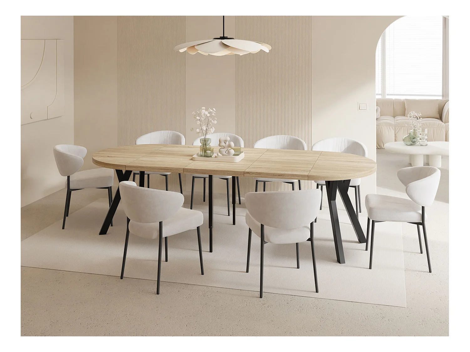 Esstisch Rund Groß XXL Ausziehbar im Loft-Stil – 100 bis 250 cm – Extra Lang Ausziehtisch mit Schwarzen Holzbeinen, Tisch für 5-14 Personen – Eiche Hell Braun