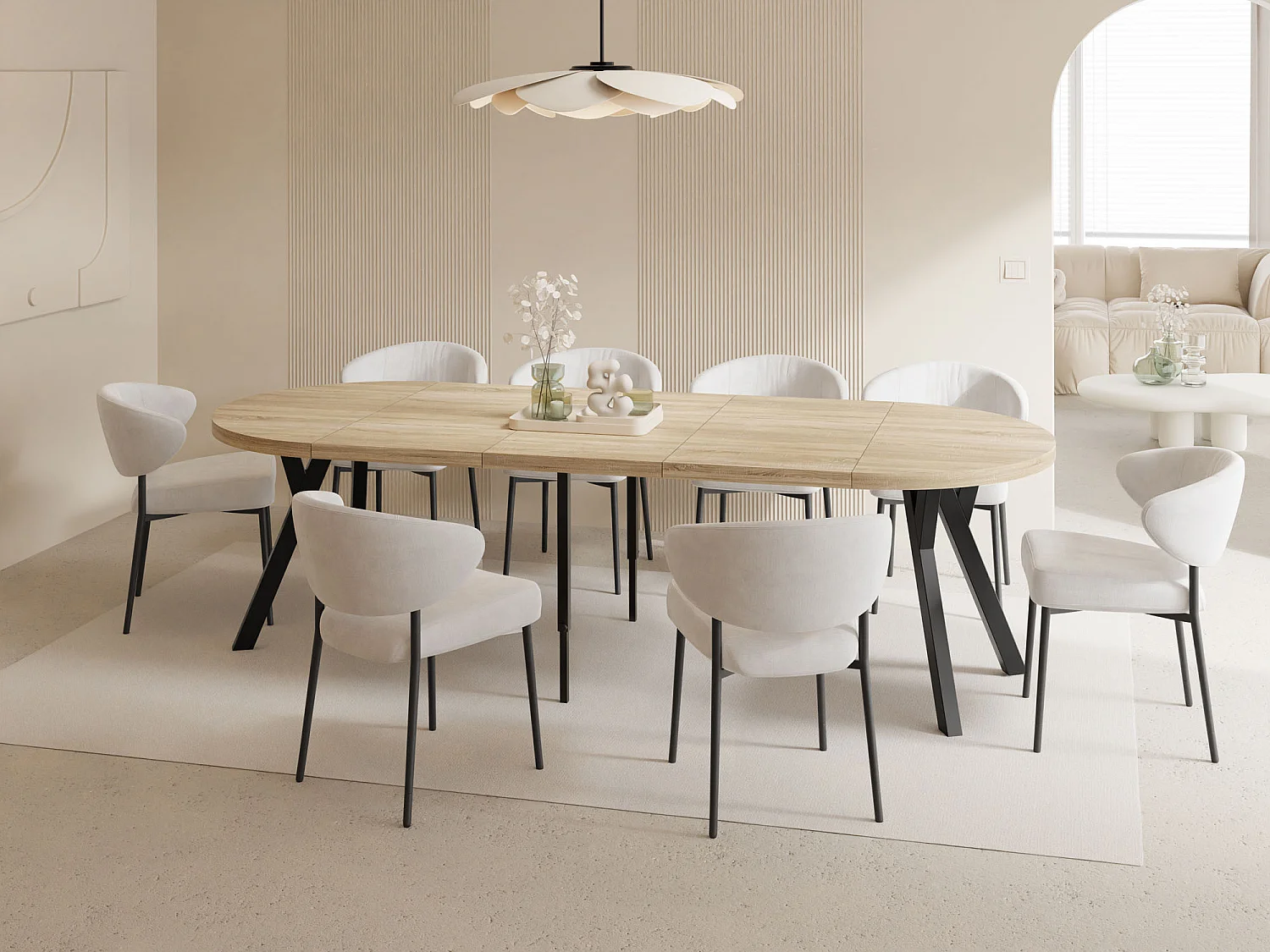 Esstisch Rund Groß XXL Ausziehbar im Loft-Stil – 100 bis 250 cm – Extra Lang Ausziehtisch mit Schwarzen Holzbeinen, Tisch für 5-14 Personen – Eiche Hell Braun