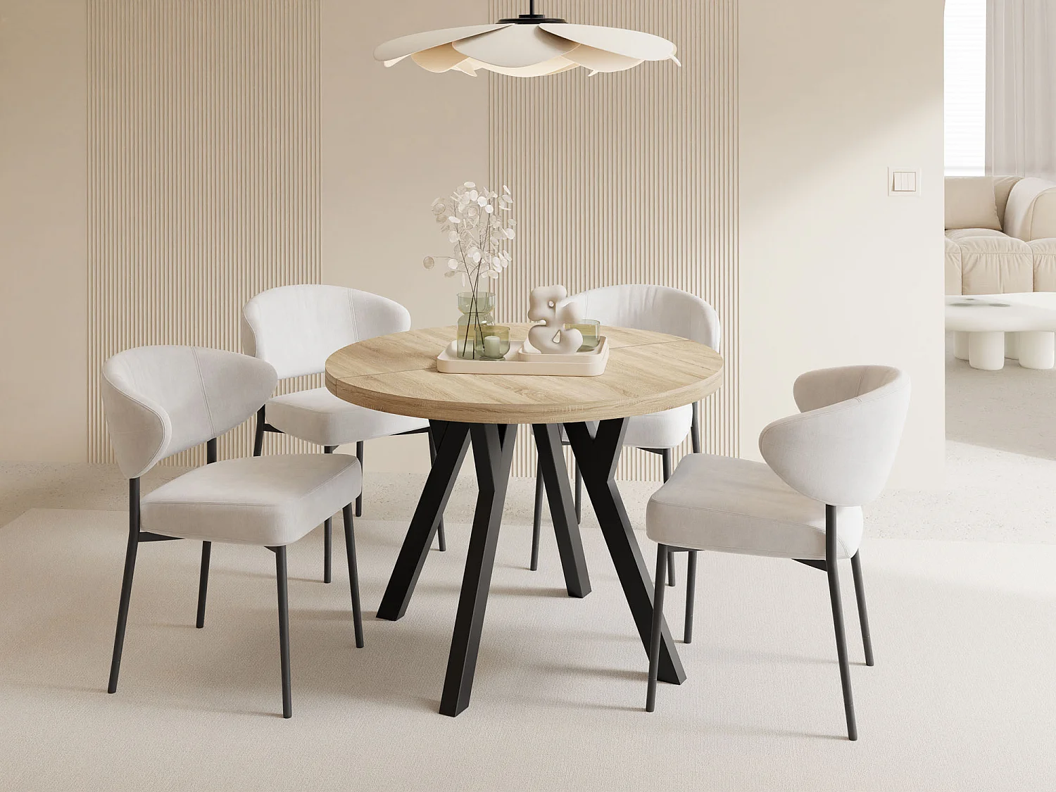 Esstisch Rund Groß XXL Ausziehbar im Loft-Stil – 100 bis 250 cm – Extra Lang Ausziehtisch mit Schwarzen Holzbeinen, Tisch für 5-14 Personen – Eiche Hell Braun