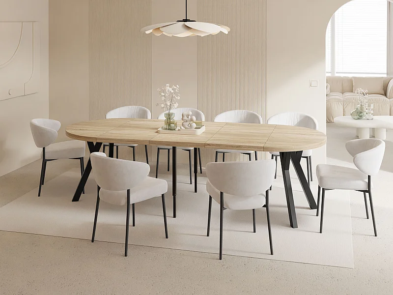 Esstisch Rund Groß XXL Ausziehbar im Loft-Stil – 100 bis 250 cm – Extra Lang Ausziehtisch mit Schwarzen Holzbeinen, Tisch für 5-14 Personen – Eiche Hell Braun