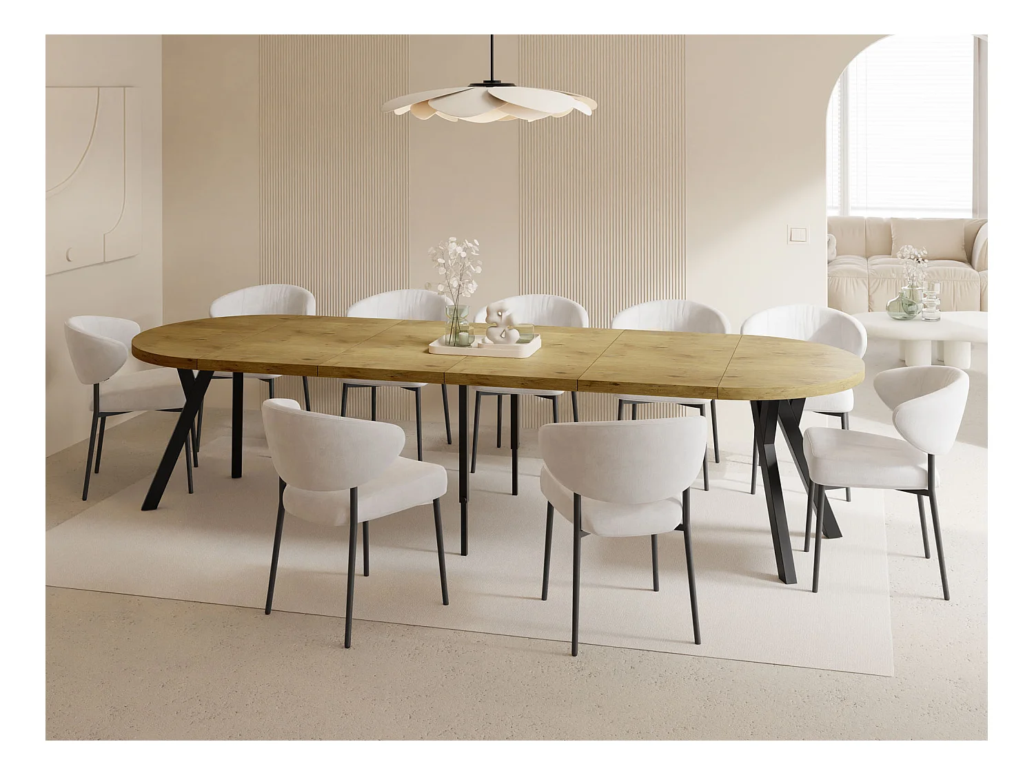 Esstisch Rund Groß XXL Ausziehbar im Loft-Stil – 100 bis 300 cm – Extra Lang Ausziehtisch mit Schwarzen Holzbeinen, Tisch für 5-16 Personen – Eiche Hell Braun