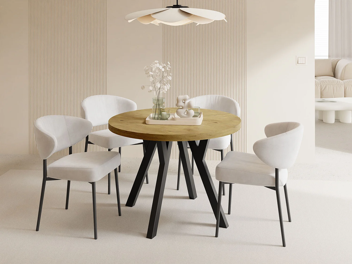 Esstisch Rund Groß XXL Ausziehbar im Loft-Stil – 100 bis 300 cm – Extra Lang Ausziehtisch mit Schwarzen Holzbeinen, Tisch für 5-16 Personen – Eiche Hell Braun