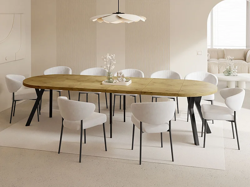 Table à Manger Ronde Extensible XXL Style Loft – 100 à 300 cm – Grande Table avec Pieds en Bois Noir – Table Extra Longue pour 5 à 16 Personnes – Chêne Marron Clair