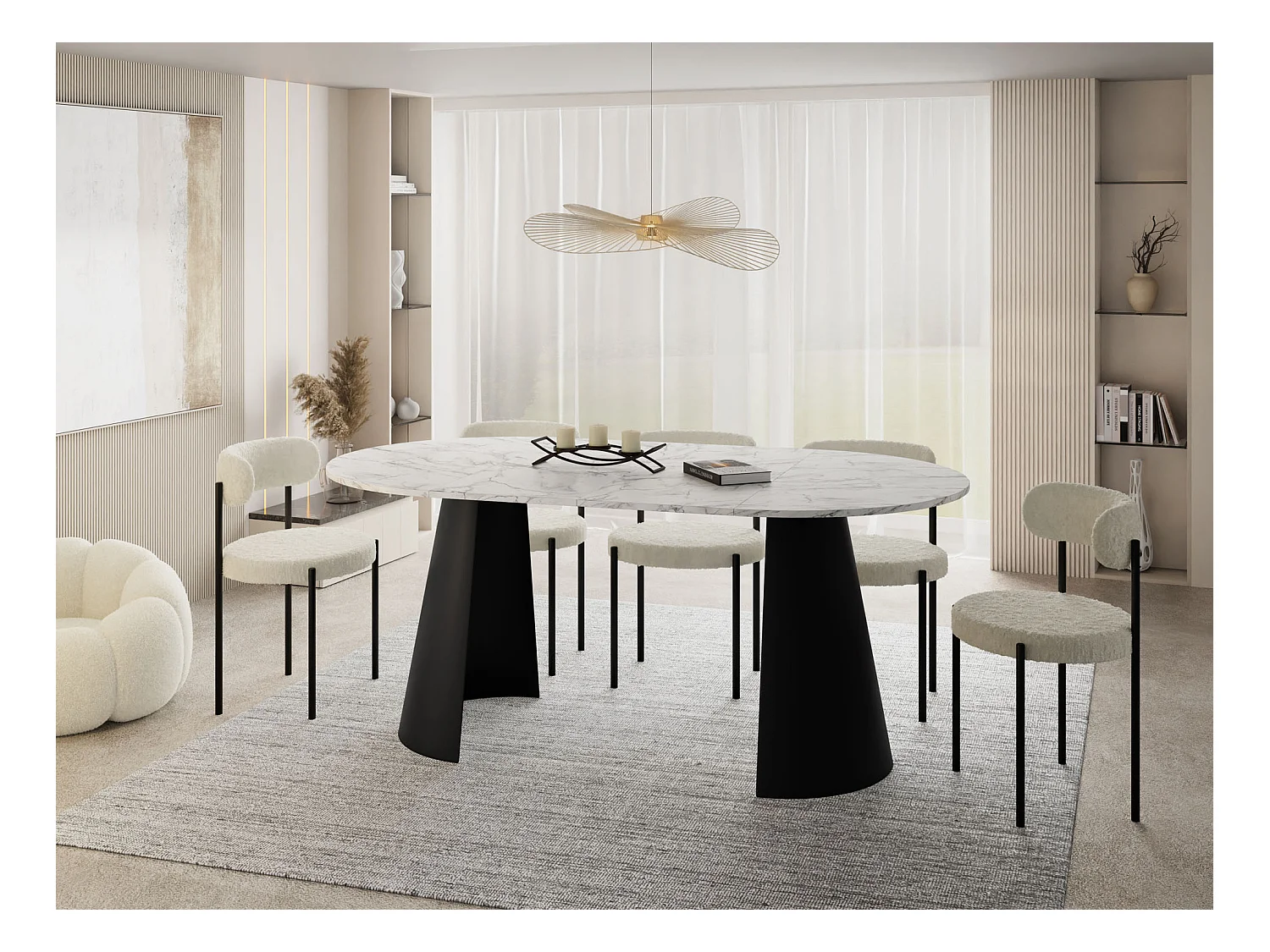 Table à Manger Ronde Extensible Style Loft – 100 à 180cm – Table Industrielle avec Pieds en Métal Coniques Noirs pour 5 à 8 Personnes – Gain de Place – Marbre Blanc