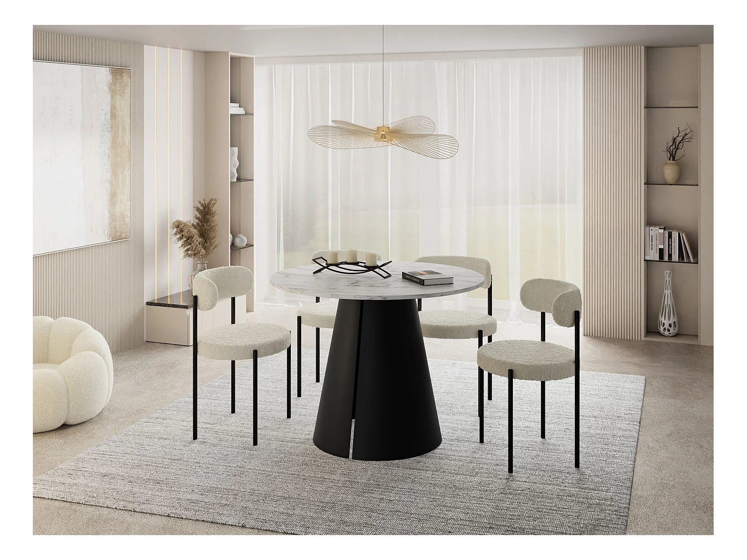 Table à Manger Ronde Extensible Style Loft – 100 à 180cm – Table Industrielle avec Pieds en Métal Coniques Noirs pour 5 à 8 Personnes – Gain de Place – Marbre Blanc