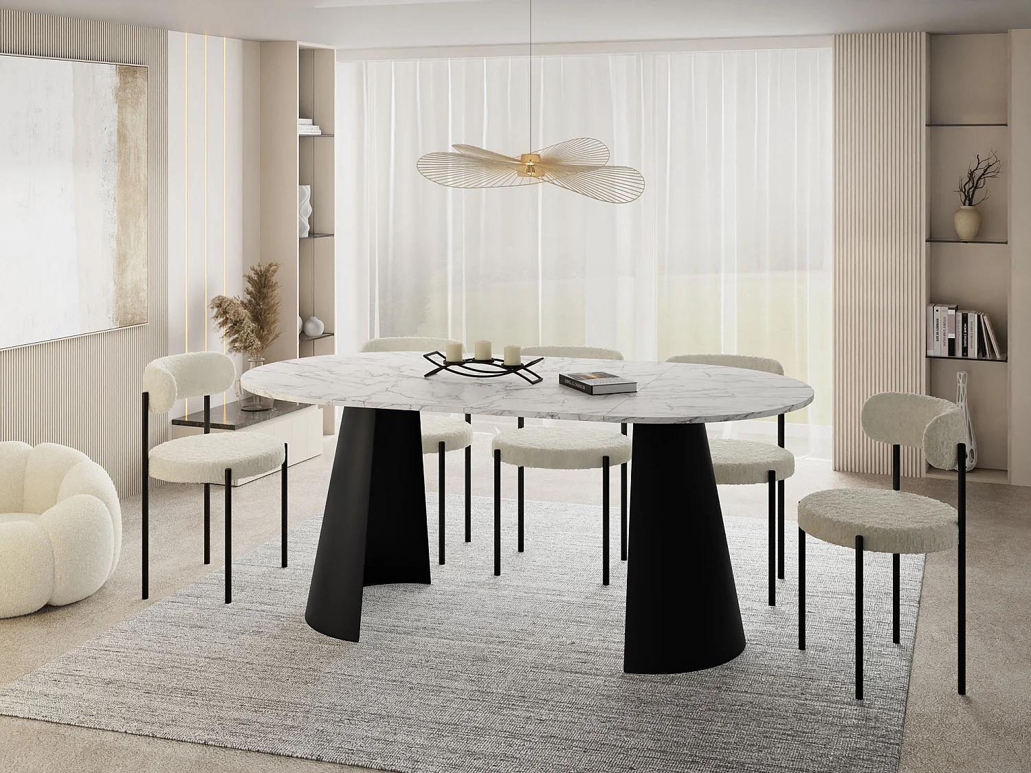 Esstisch Rund Ausziehbar im Loft-Stil – 100 cm – Industrieller Tisch mit Schwarzen Konischem Metallbeinen für 5-8 Personen, Wohnzimmer Esszimmer – Marmor Weiß