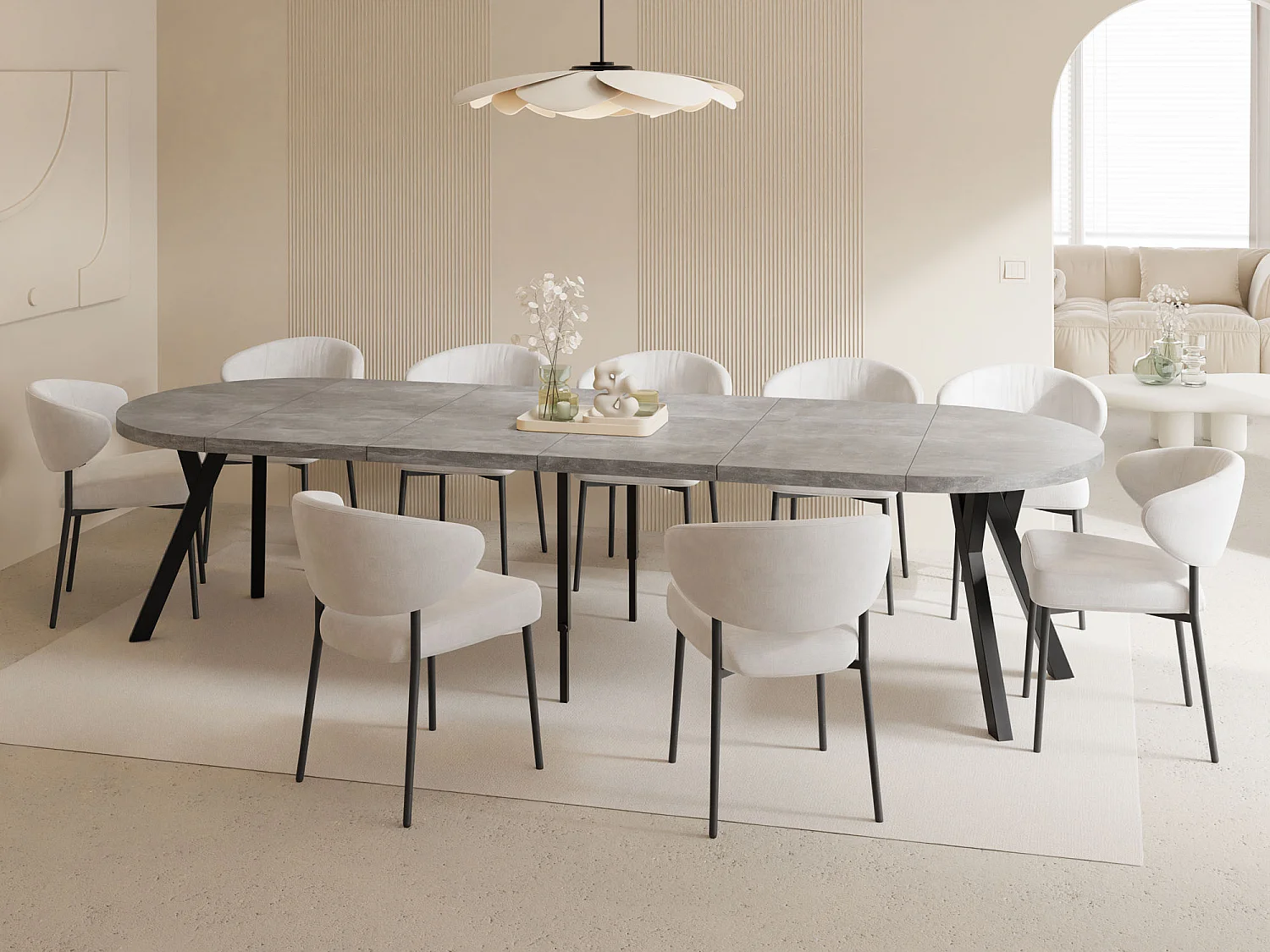 Esstisch Rund Groß XXL Ausziehbar im Loft-Stil – 100 bis 300 cm – Extra Lang Ausziehtisch mit Schwarzen Holzbeinen, für 5-16 Personen – Grauer Beton