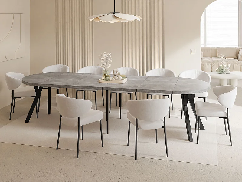 Esstisch Rund Groß XXL Ausziehbar im Loft-Stil – 100 bis 300 cm – Extra Lang Ausziehtisch mit Schwarzen Holzbeinen, für 5-16 Personen – Grauer Beton