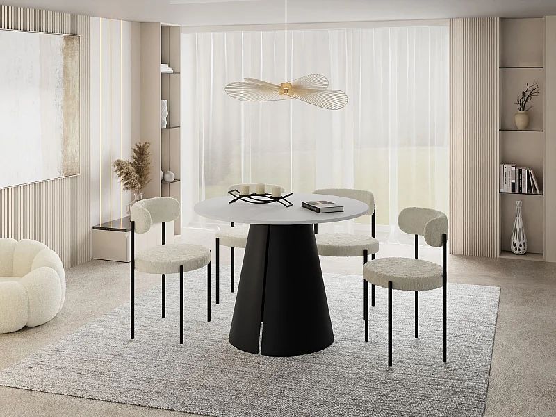 Esstisch Rund Ausziehbar im Loft-Stil – 120 cm – Industrieller Tisch mit Schwarzen Konischem Metallbeinen für 6-10 Personen, Wohnzimmer Esszimmer – Weiß