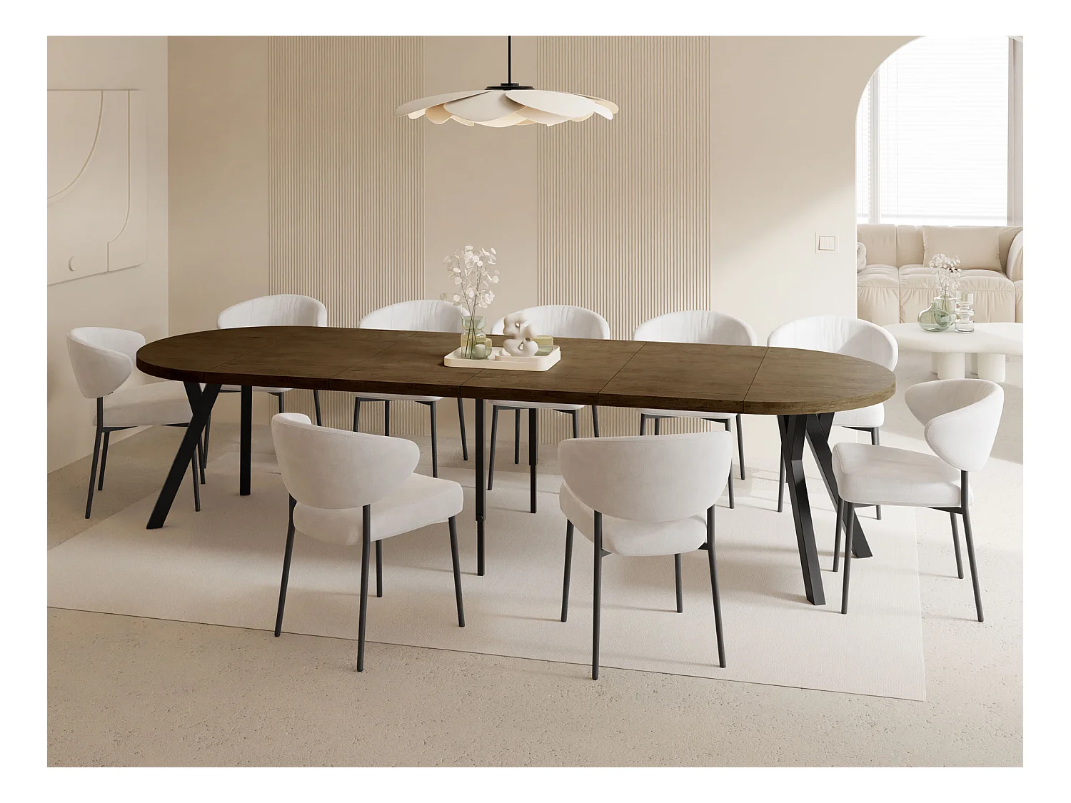 Esstisch Rund Groß XXL Ausziehbar im Loft-Stil – 100 bis 300 cm – Extra Lang Ausziehtisch mit Schwarzen Holzbeinen, für 5-16 Personen – Eiche Braun Rustikal