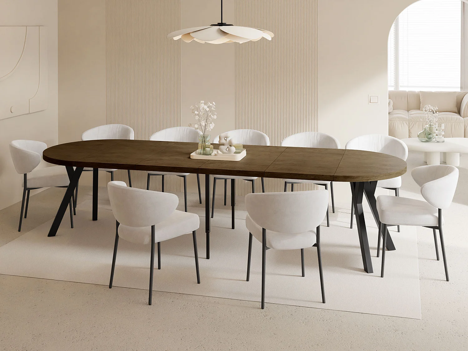 Esstisch Rund Groß XXL Ausziehbar im Loft-Stil – 100 bis 300 cm – Extra Lang Ausziehtisch mit Schwarzen Holzbeinen, für 5-16 Personen – Eiche Braun