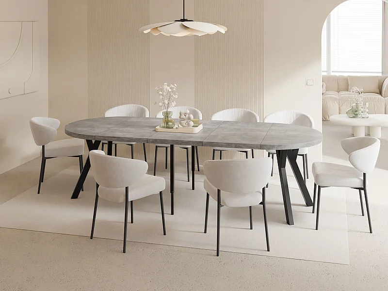 Table à Manger Ronde Extensible XXL Style Loft – 100 à 250 cm – Grande Table avec Pieds en Bois Noir – Table Extra Longue pour 5 à 14 Personnes – Béton Gris