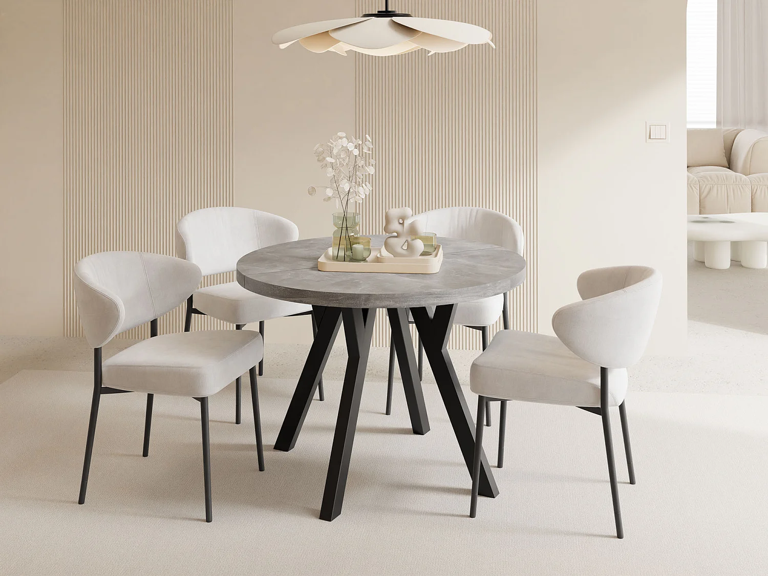 Esstisch Rund Groß XXL Ausziehbar im Loft-Stil – 100 bis 250 cm – Extra Lang Ausziehtisch mit Schwarzen Holzbeinen, Tisch für 5-14 Personen – Grauer Beton