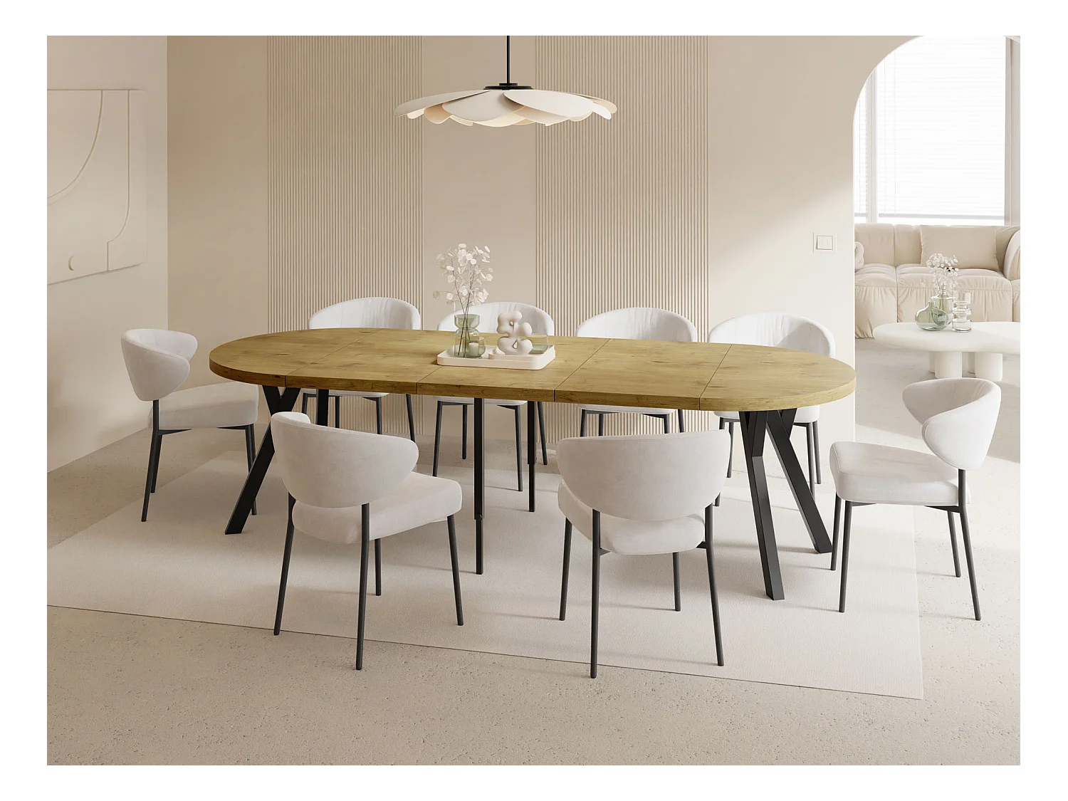 Esstisch Rund Groß XXL Ausziehbar im Loft-Stil – 100 bis 250 cm – Extra Lang Ausziehtisch mit Schwarzen Holzbeinen, Tisch für 5-14 Personen – Eiche Hell Braun