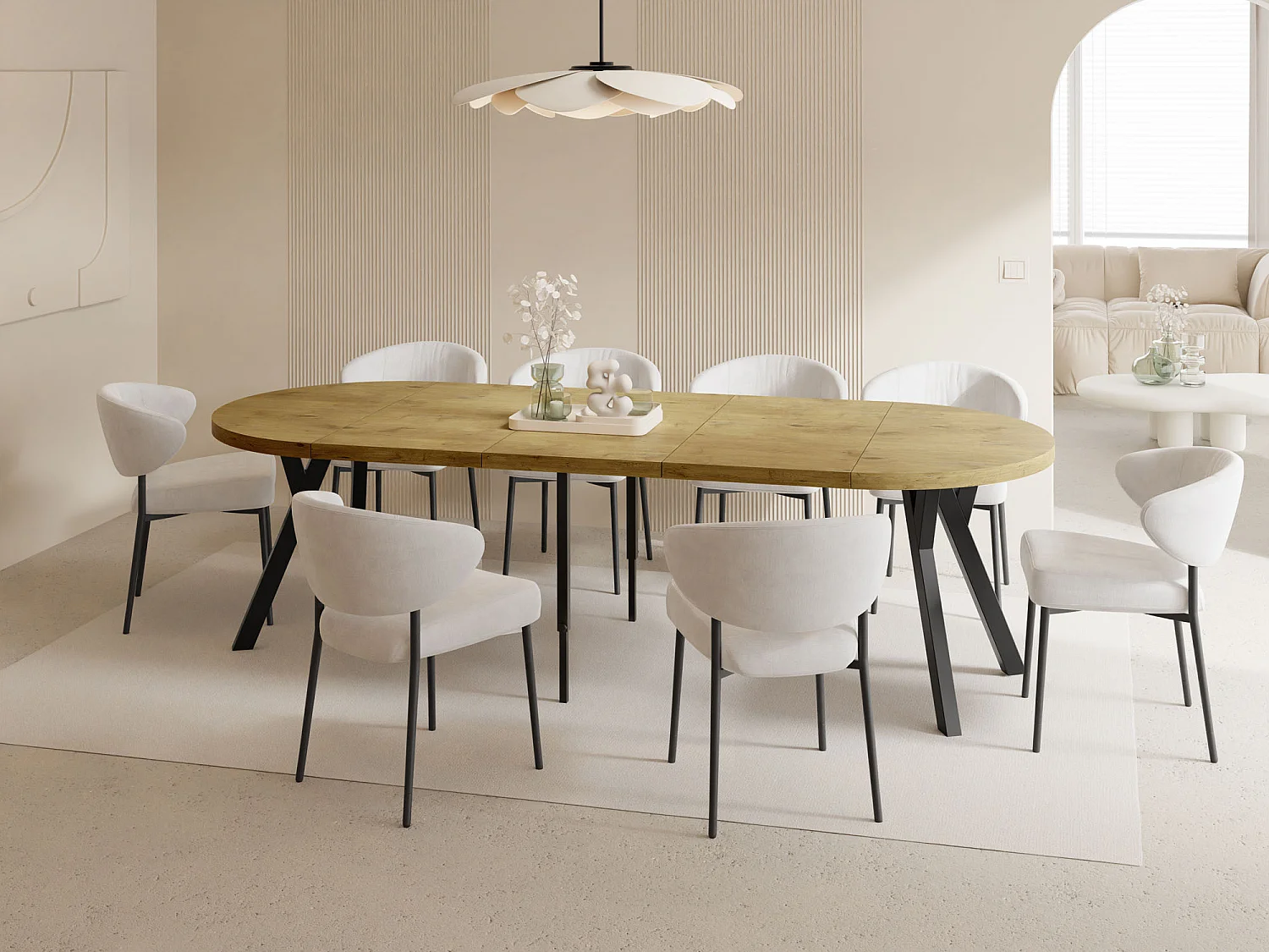 Esstisch Rund Groß XXL Ausziehbar im Loft-Stil – 100 bis 250 cm – Extra Lang Ausziehtisch mit Schwarzen Holzbeinen, Tisch für 5-14 Personen – Eiche Hell Braun