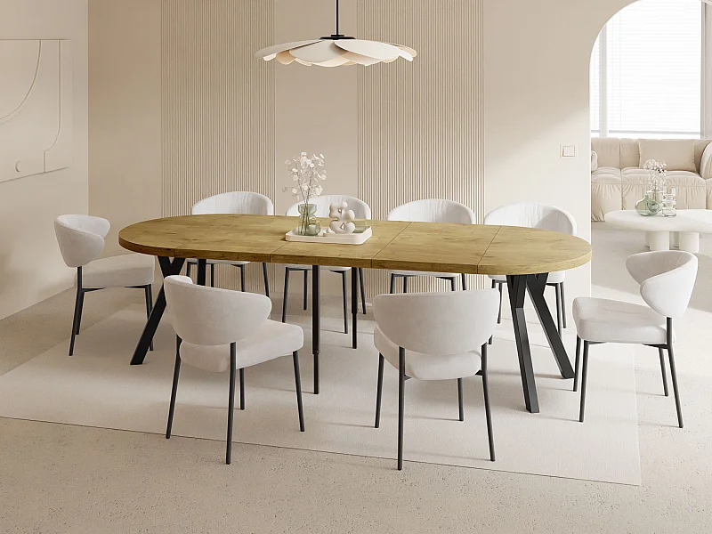 Table à Manger Ronde Extensible XXL Style Loft – 100 à 250 cm – Grande Table avec Pieds en Bois Noir – Table Extra Longue pour 5 à 14 Personnes – Chêne Marron Clair