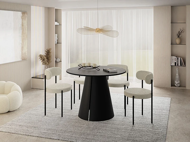 Esstisch Rund Ausziehbar im Loft-Stil – 120 cm – Industrieller Tisch mit Schwarzen Konischem Metallbeinen für 6-10 Personen, Wohnzimmer Esszimmer – Grauer Beton