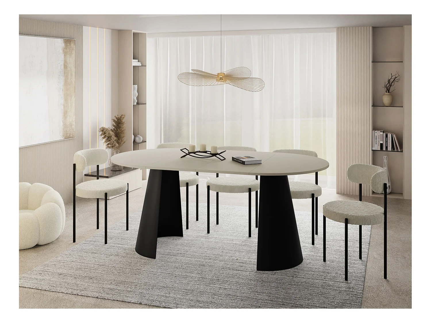 Esstisch Rund Ausziehbar im Loft-Stil – 100 cm – Industrieller Tisch mit Schwarzen Konischem Metallbeinen für 5-8 Personen, Wohnzimmer Esszimmer – Beige Cashmere