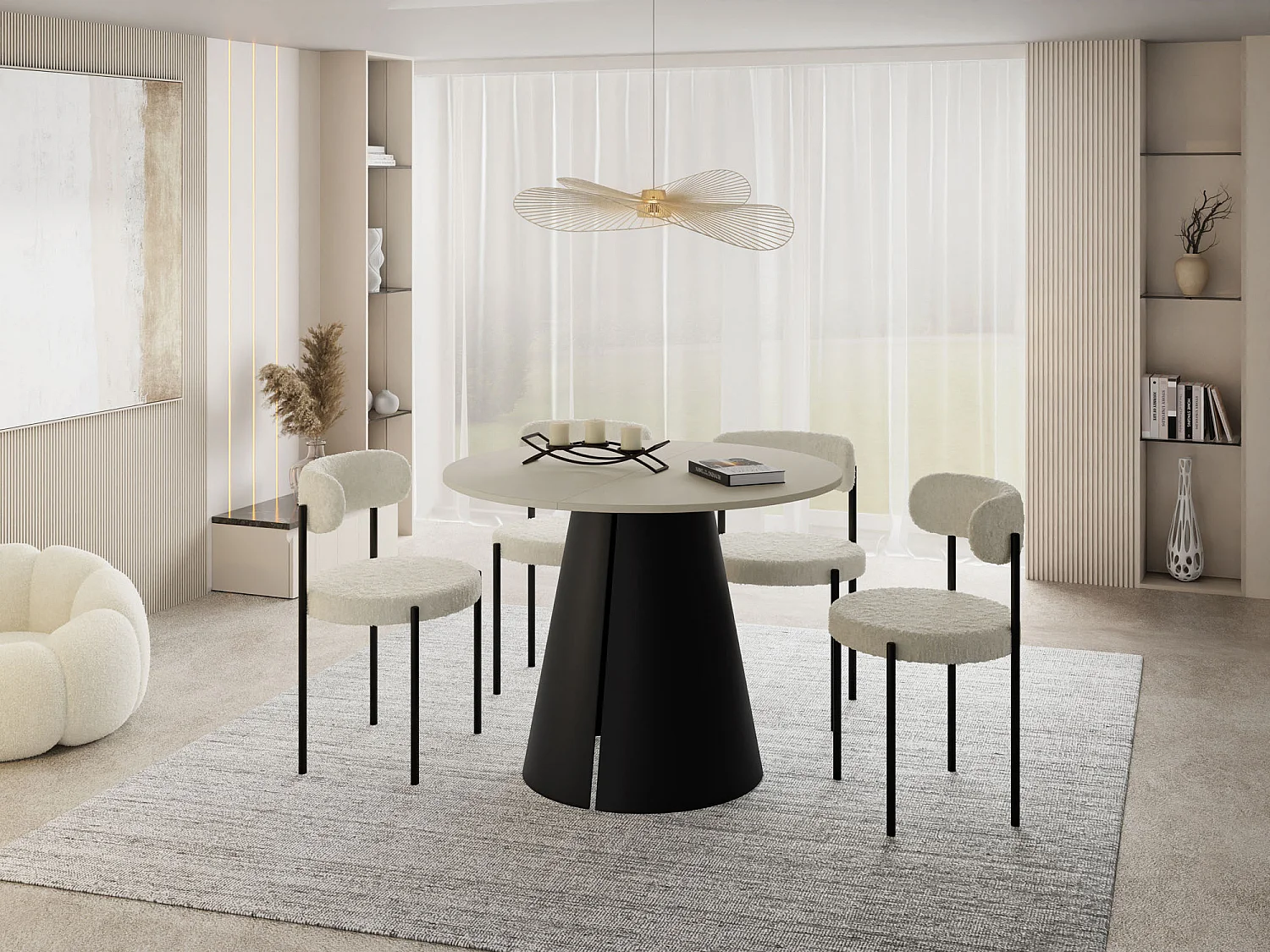 Esstisch Rund Ausziehbar im Loft-Stil – 100 cm – Industrieller Tisch mit Schwarzen Konischem Metallbeinen für 5-8 Personen, Wohnzimmer Esszimmer – Beige Cashmere