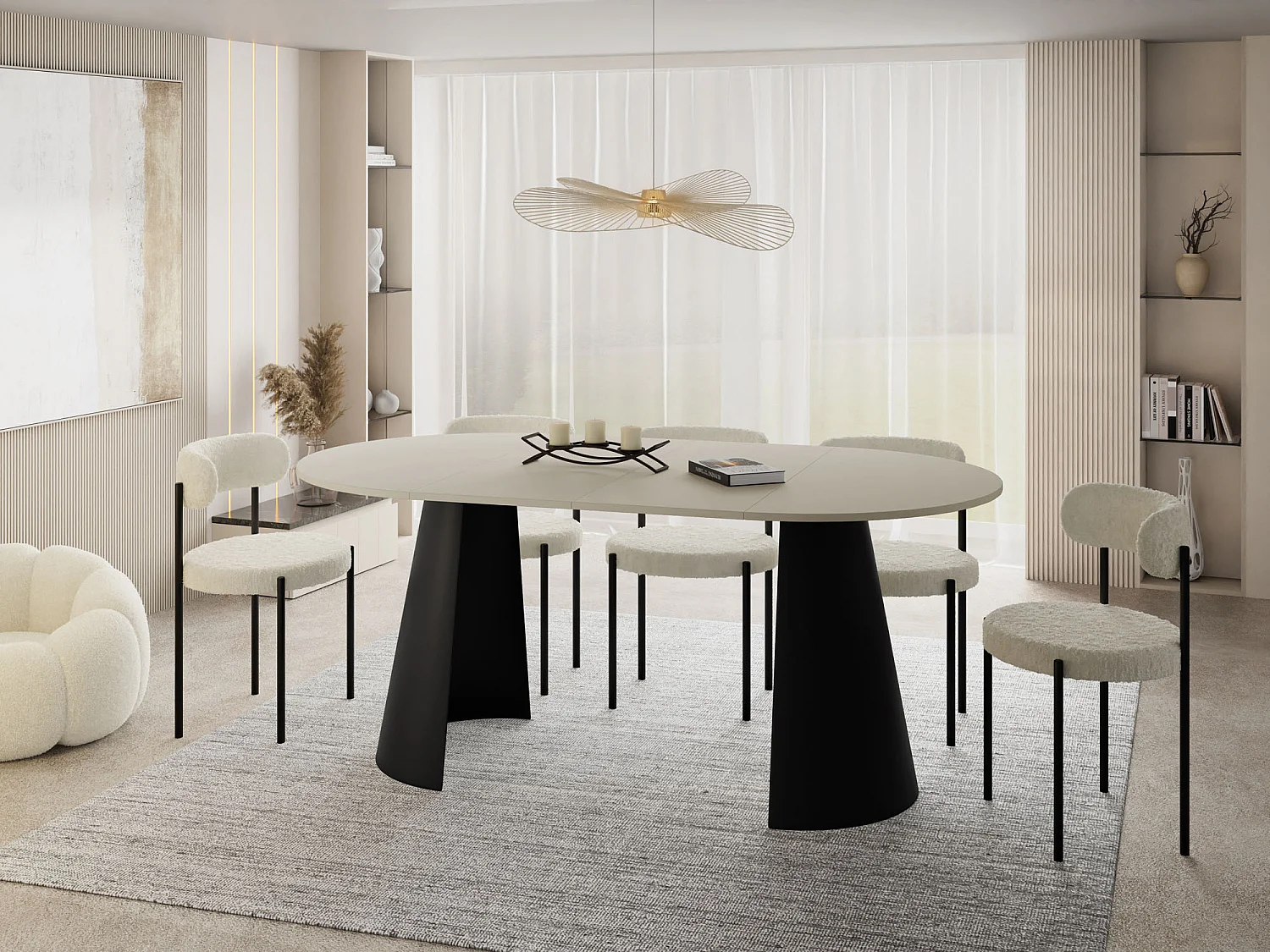 Esstisch Rund Ausziehbar im Loft-Stil – 100 cm – Industrieller Tisch mit Schwarzen Konischem Metallbeinen für 5-8 Personen, Wohnzimmer Esszimmer – Beige Cashmere