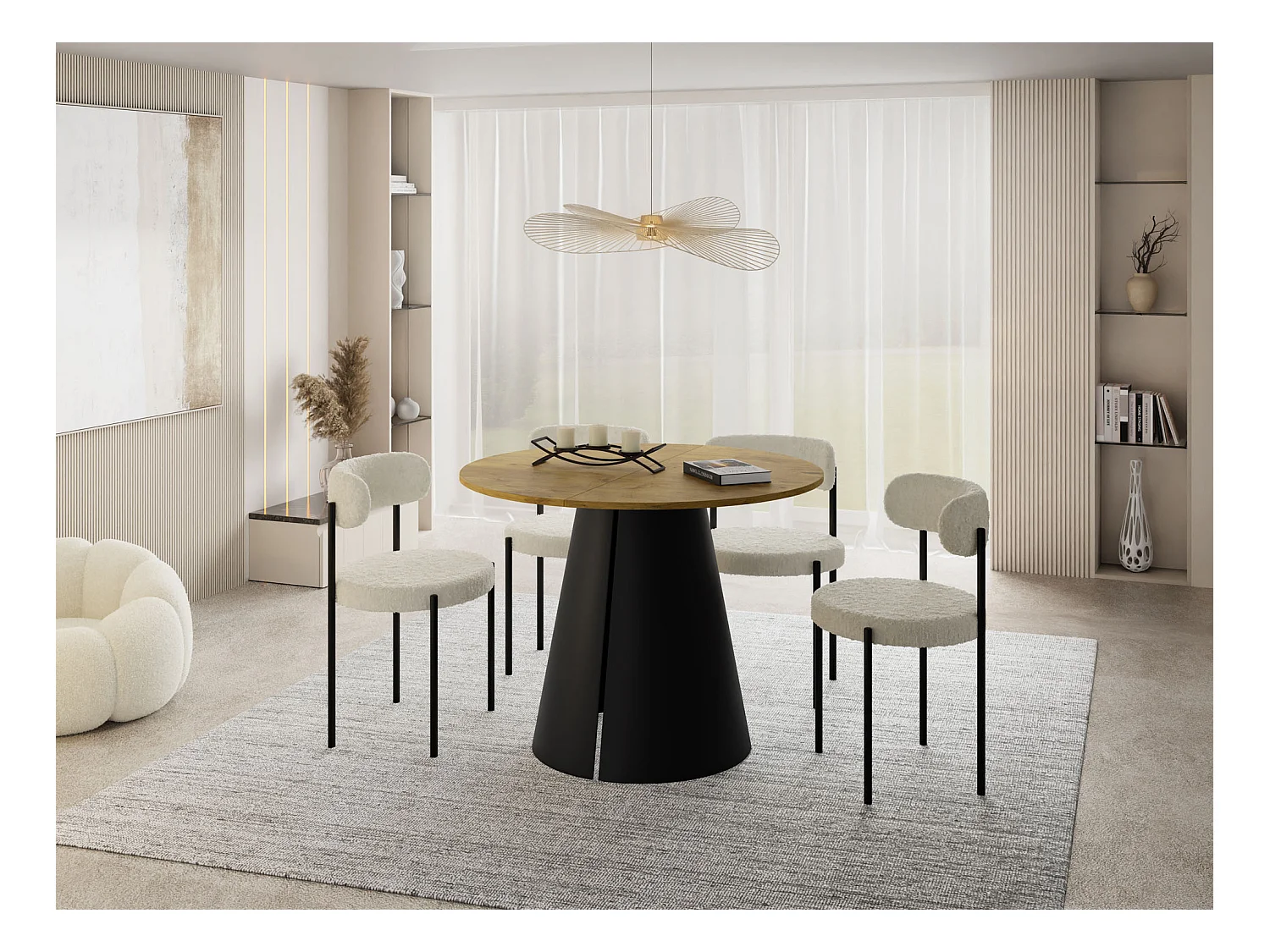 Table à Manger Ronde Extensible – 100 à 180 cm – Table Industrielle avec Pieds en Métal Coniques Noirs pour 5 à 8 Personnes – Gain de Place – Chêne Marron Noyer