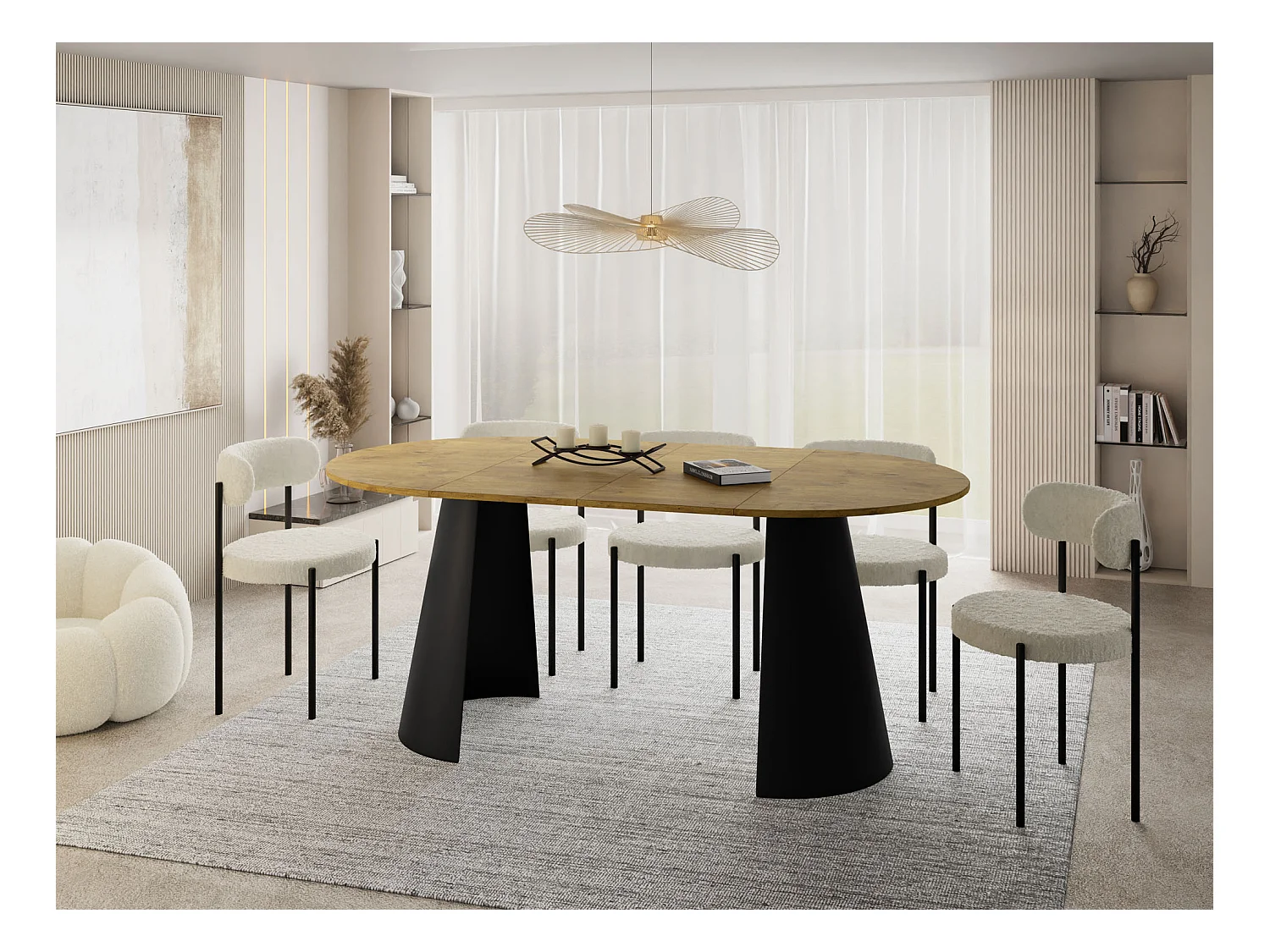 Esstisch Rund Ausziehbar im Loft-Stil – 100 cm – Industrieller Tisch mit Schwarzen Konischem Metallbeinen für 5-8 Personen, Wohnzimmer Esszimmer – Eiche Hell Braun