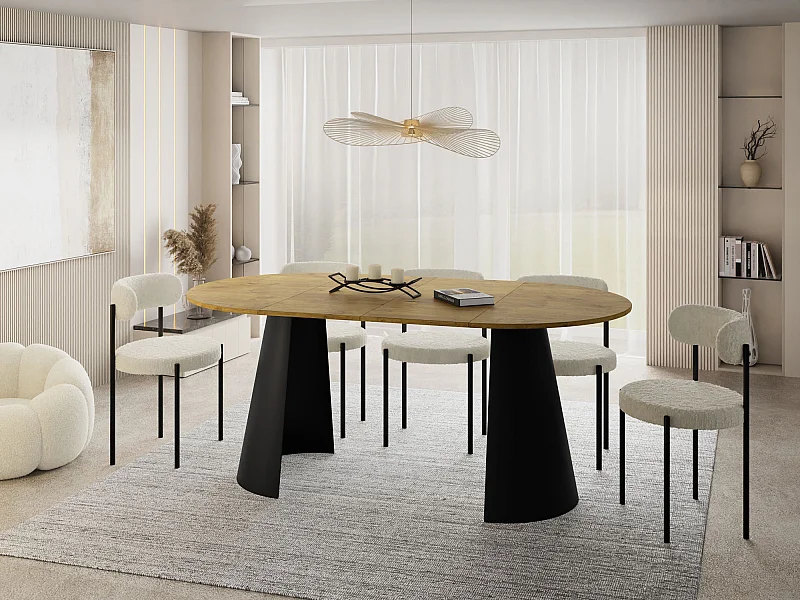 Table à Manger Ronde Extensible – 100 à 180 cm – Table Industrielle avec Pieds en Métal Coniques Noirs pour 5 à 8 Personnes – Gain de Place – Chêne Marron Noyer