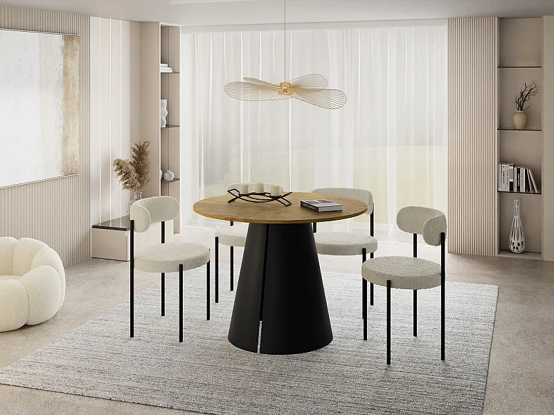 Esstisch Rund Ausziehbar im Loft-Stil – 100 cm – Industrieller Tisch mit Schwarzen Konischem Metallbeinen für 5-8 Personen, Wohnzimmer Esszimmer – Eiche Hell Braun