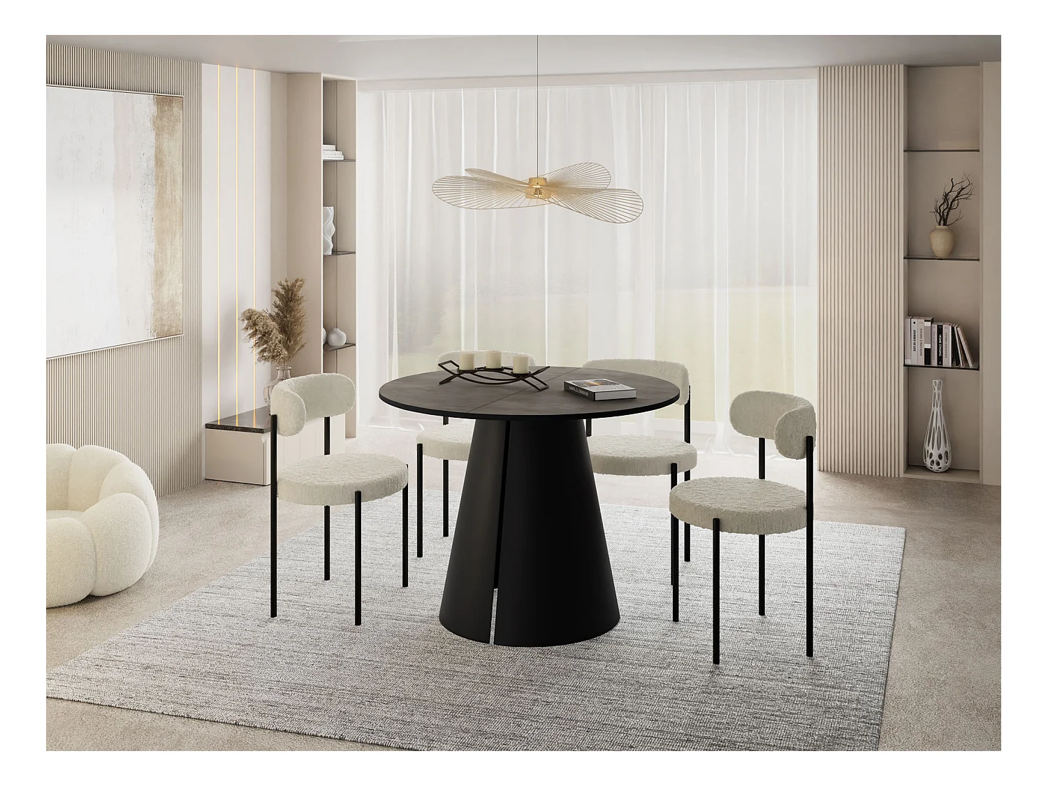 Table à Manger Ronde Extensible Loft – 120 à 200 cm – Table Industrielle avec Pieds en Métal Coniques Noirs pour 6 à 10 Personnes – Gain de Place – Béton Gris Foncé