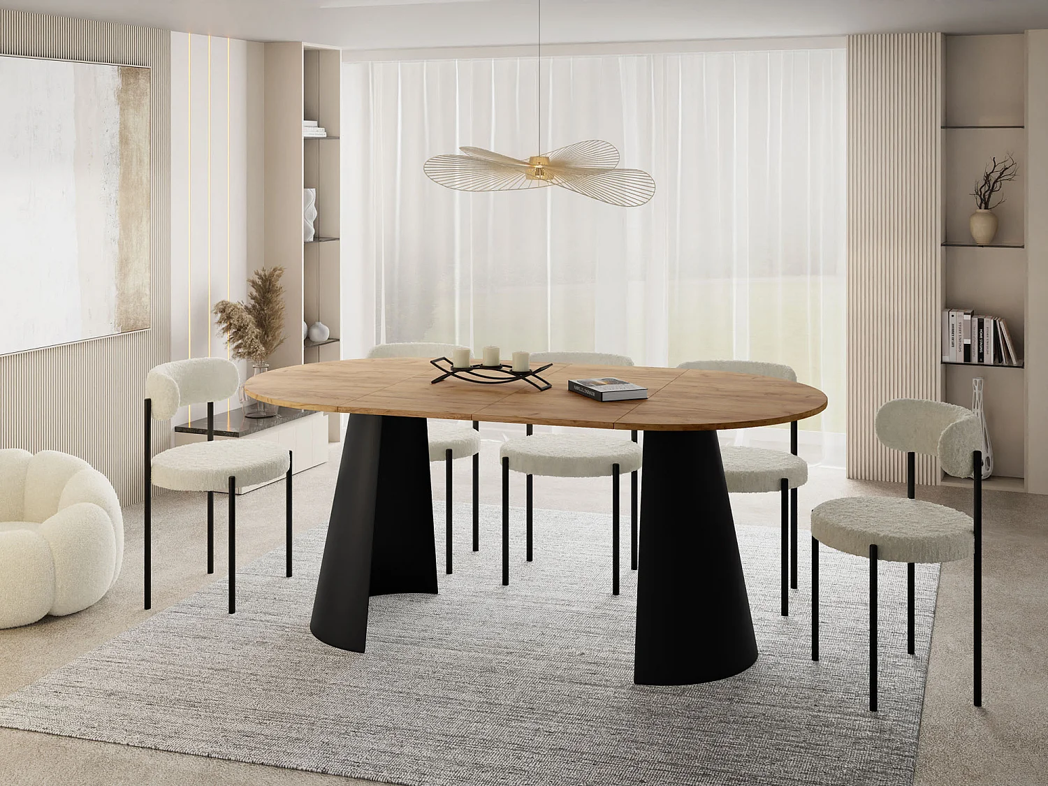 Esstisch Rund Ausziehbar im Loft-Stil – 120 cm – Industrieller Tisch mit Schwarzen Konischem Metallbeinen für 6-10 Personen, Wohnzimmer Esszimmer – Eiche Hell Braun