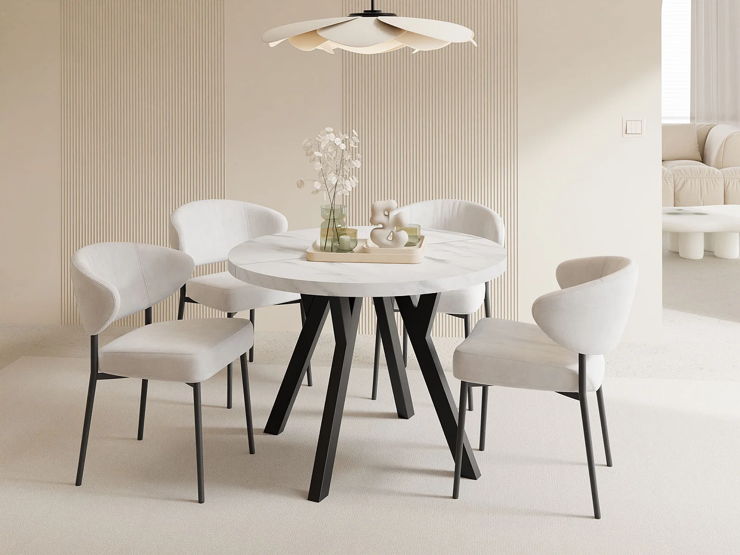 Esstisch Rund Groß XXL Ausziehbar im Loft-Stil – 100 bis 300 cm – Extra Lang Ausziehtisch mit Schwarzen Holzbeinen, Tisch für 5-16 Personen – Marmor Weiß