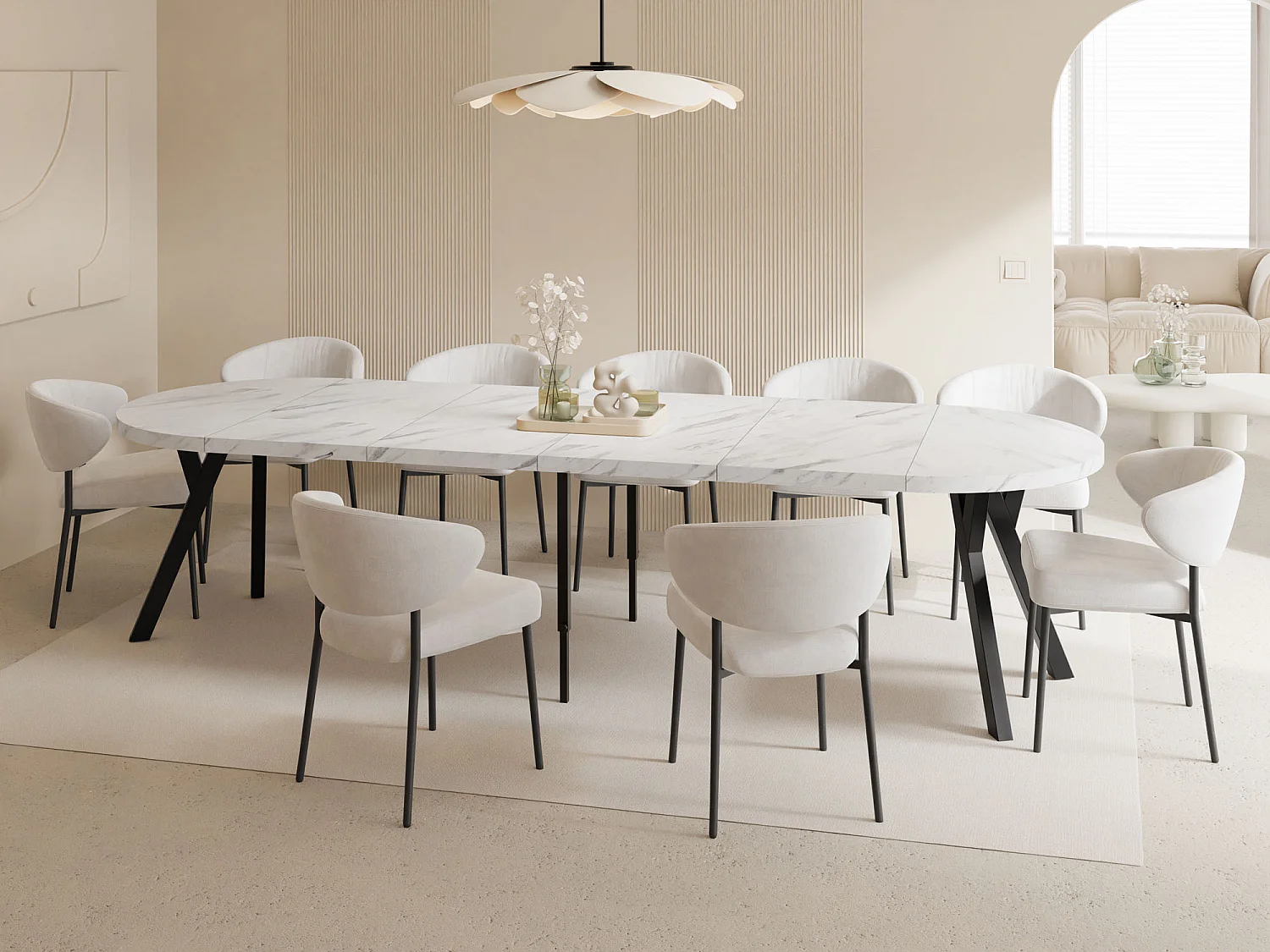 Esstisch Rund Groß XXL Ausziehbar im Loft-Stil – 100 bis 300 cm – Extra Lang Ausziehtisch mit Schwarzen Holzbeinen, Tisch für 5-16 Personen – Marmor Weiß