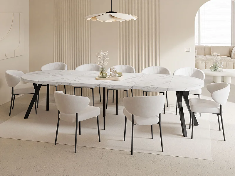 Esstisch Rund Groß XXL Ausziehbar im Loft-Stil – 100 bis 300 cm – Extra Lang Ausziehtisch mit Schwarzen Holzbeinen, Tisch für 5-16 Personen – Marmor Weiß