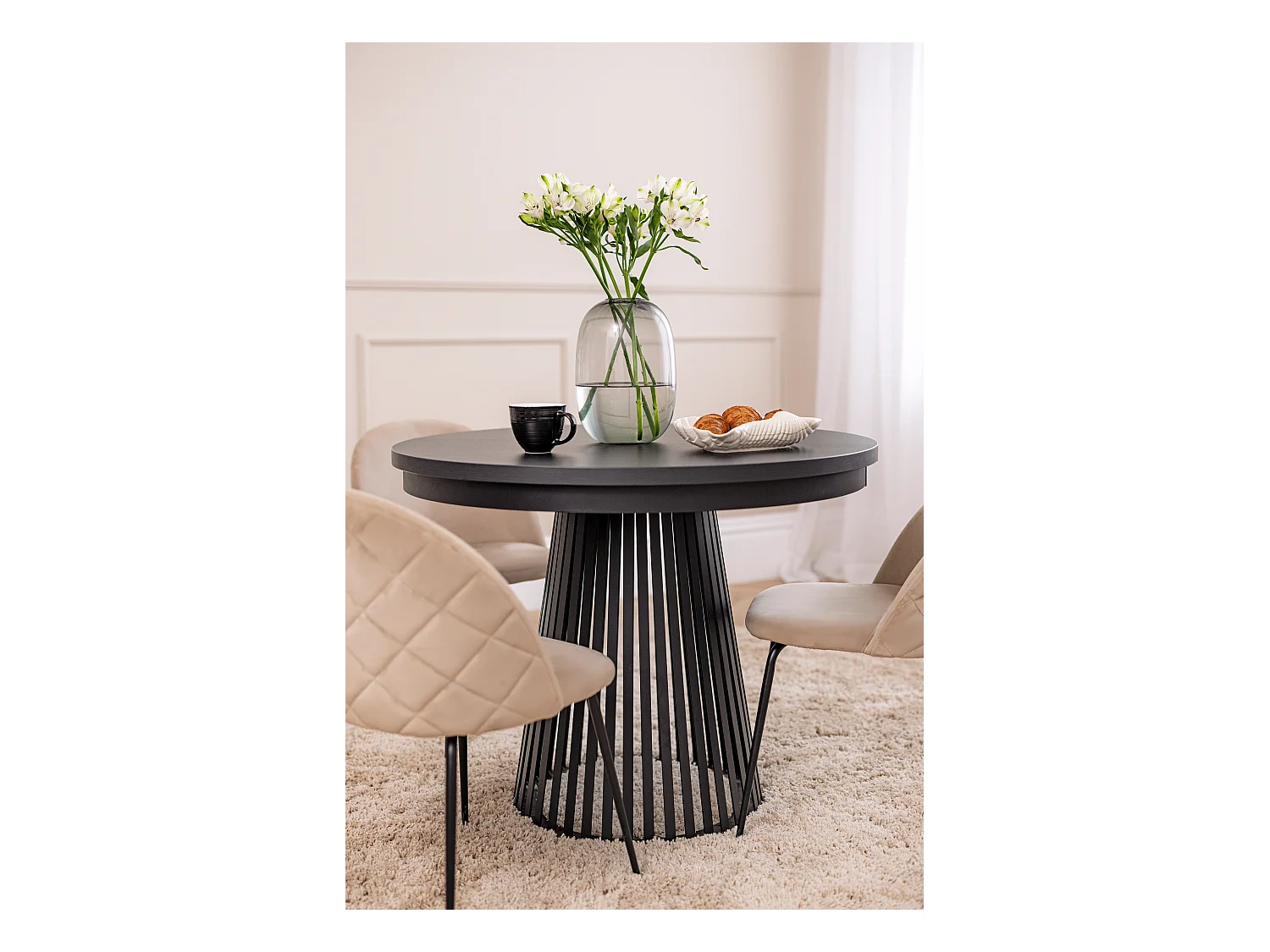 Esstisch Rund Ausziehbar mit Lamellen im Loft-Stil – 100 bis 180 cm – Platzsparender, Industrieller Tisch mit Schwarzen Metallbeinen, Metallgestell – Braun