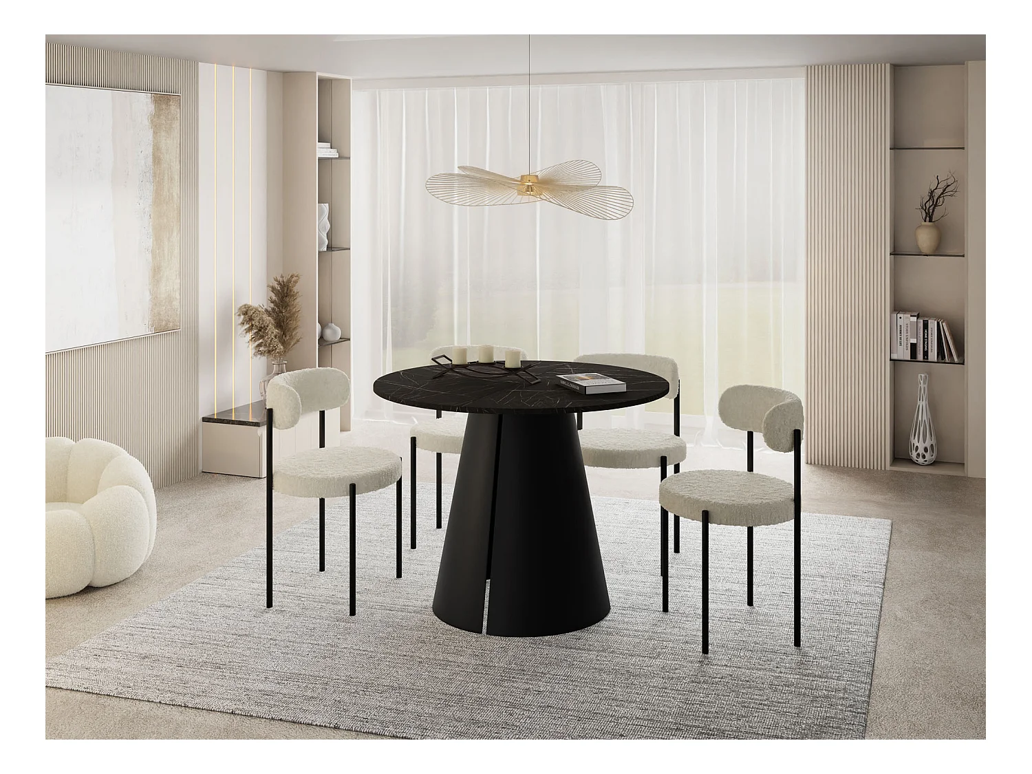 Table à Manger Ronde Extensible Style Loft – 100 à 180 cm – Table Industrielle avec Pieds en Métal Coniques Noirs pour 5 à 8 Personnes – Gain de Place – Marbre Noir