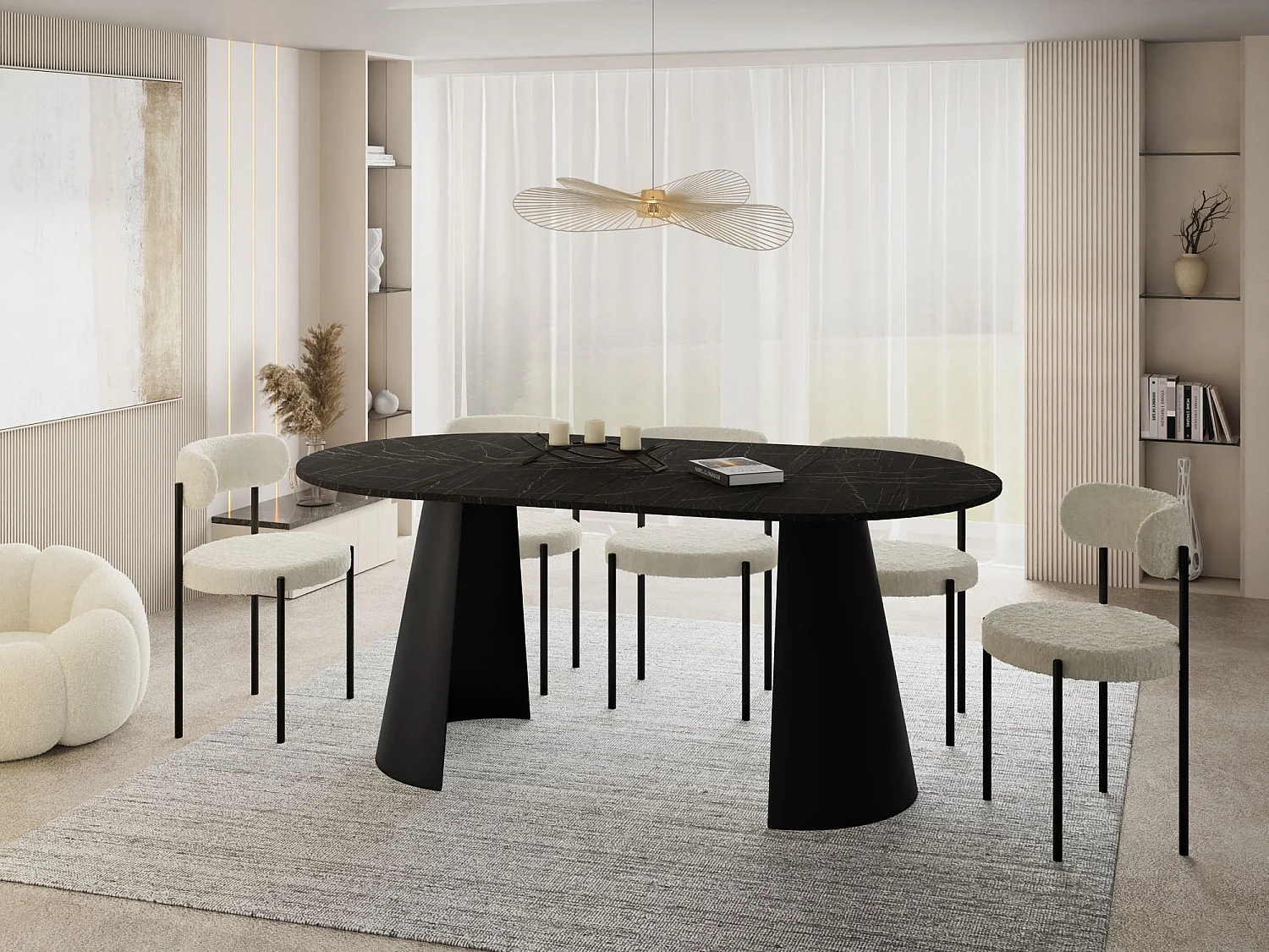 Esstisch Rund Ausziehbar im Loft-Stil – 100 cm – Industrieller Tisch mit Schwarzen Konischem Metallbeinen für 5-8 Personen, Wohnzimmer Esszimmer – Marmor Schwarz