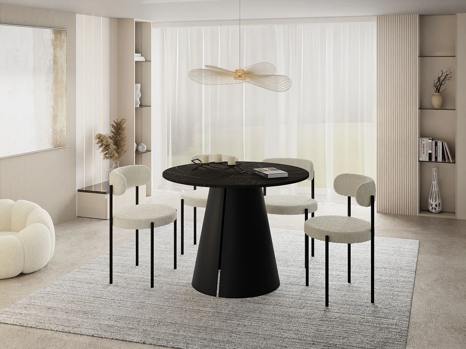 Esstisch Rund Ausziehbar im Loft-Stil – 100 cm – Industrieller Tisch mit Schwarzen Konischem Metallbeinen für 5-8 Personen, Wohnzimmer Esszimmer – Marmor Schwarz