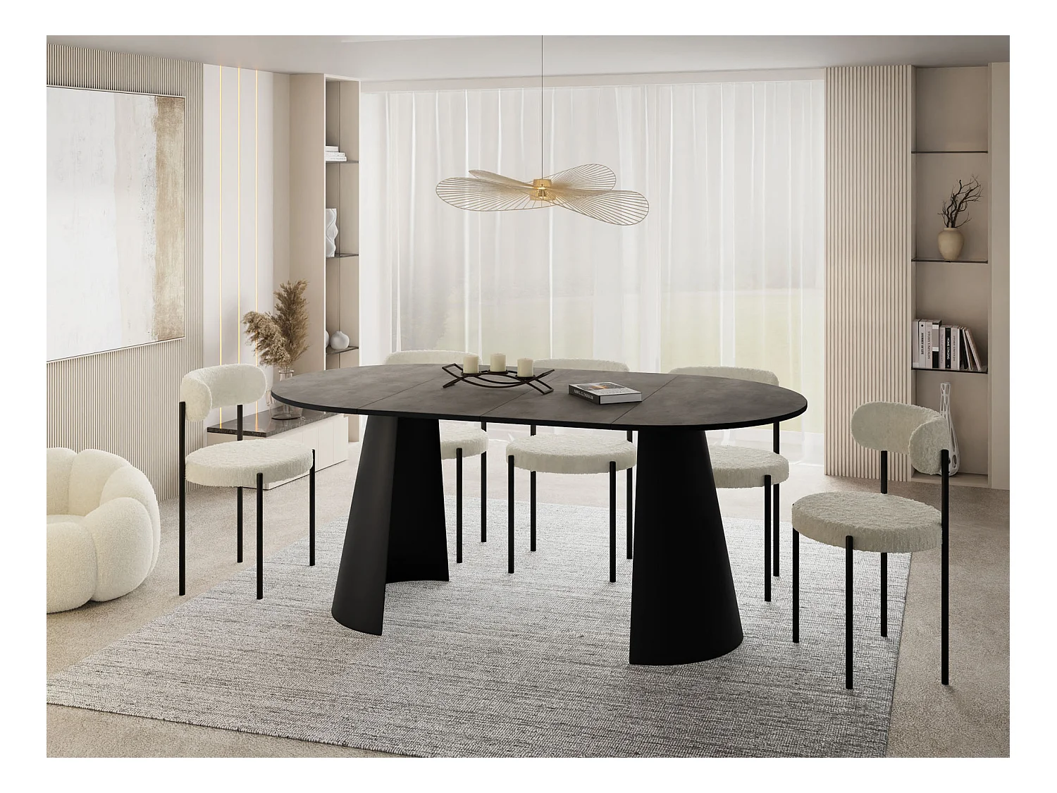 Table à Manger Ronde Extensible Loft – 100 à 180 cm – Table Industrielle avec Pieds en Métal Coniques Noirs pour 5 à 8 Personnes – Gain de Place – Béton Gris Foncé